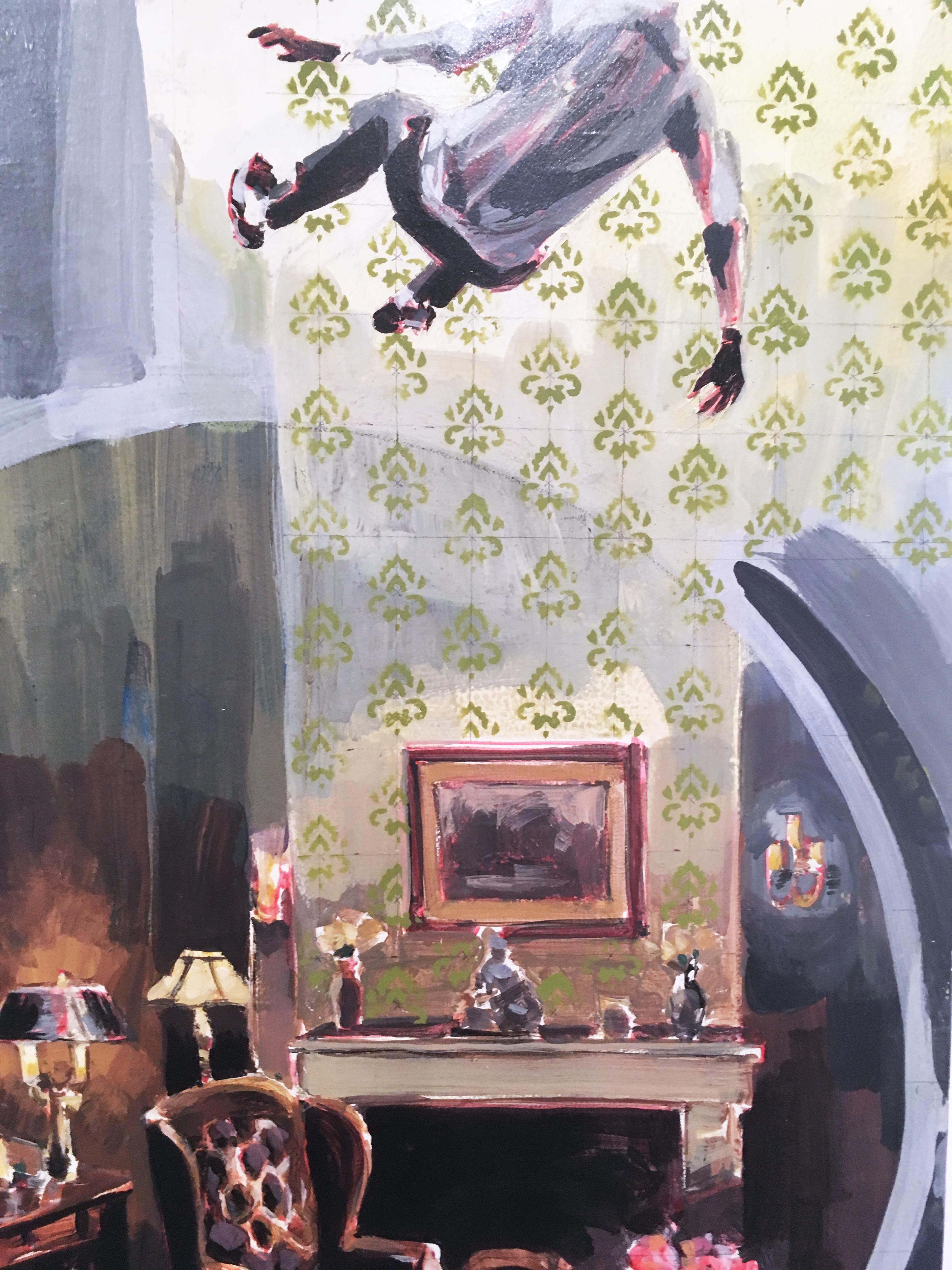 Falling Into It, 2017, fisheye, living room, wallpaper, figurative, skateboarder.  Green, pink, blue. Acrylic on canvas