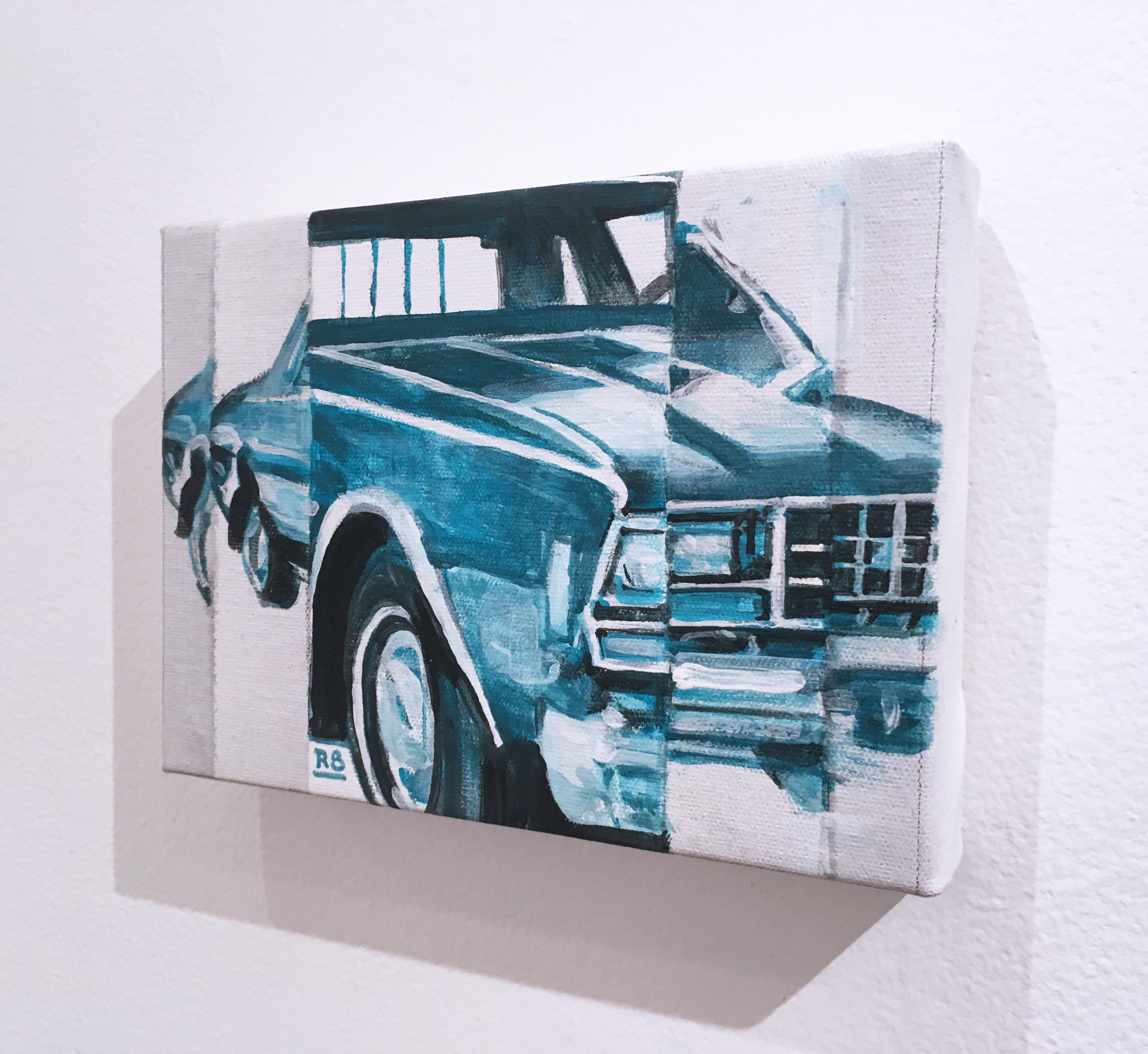 IMPALA, figurative, acrylic on canvas, turquoise, 1970's Chevy muscle car  - Painting by RU8ICON1