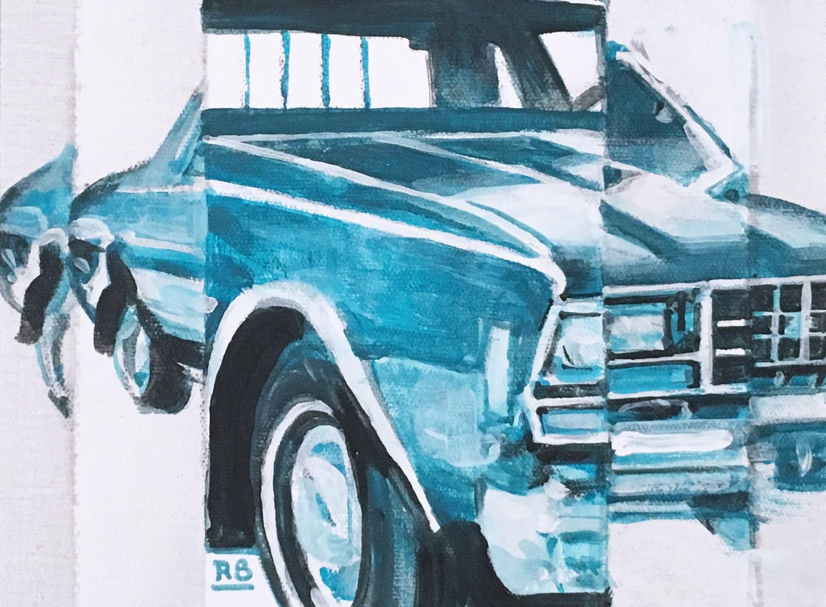 figurativ, Acryl auf Leinwand, Türkis, 1970er Chevy muscle Car, .  (Grau), Figurative Painting, von RU8ICON1