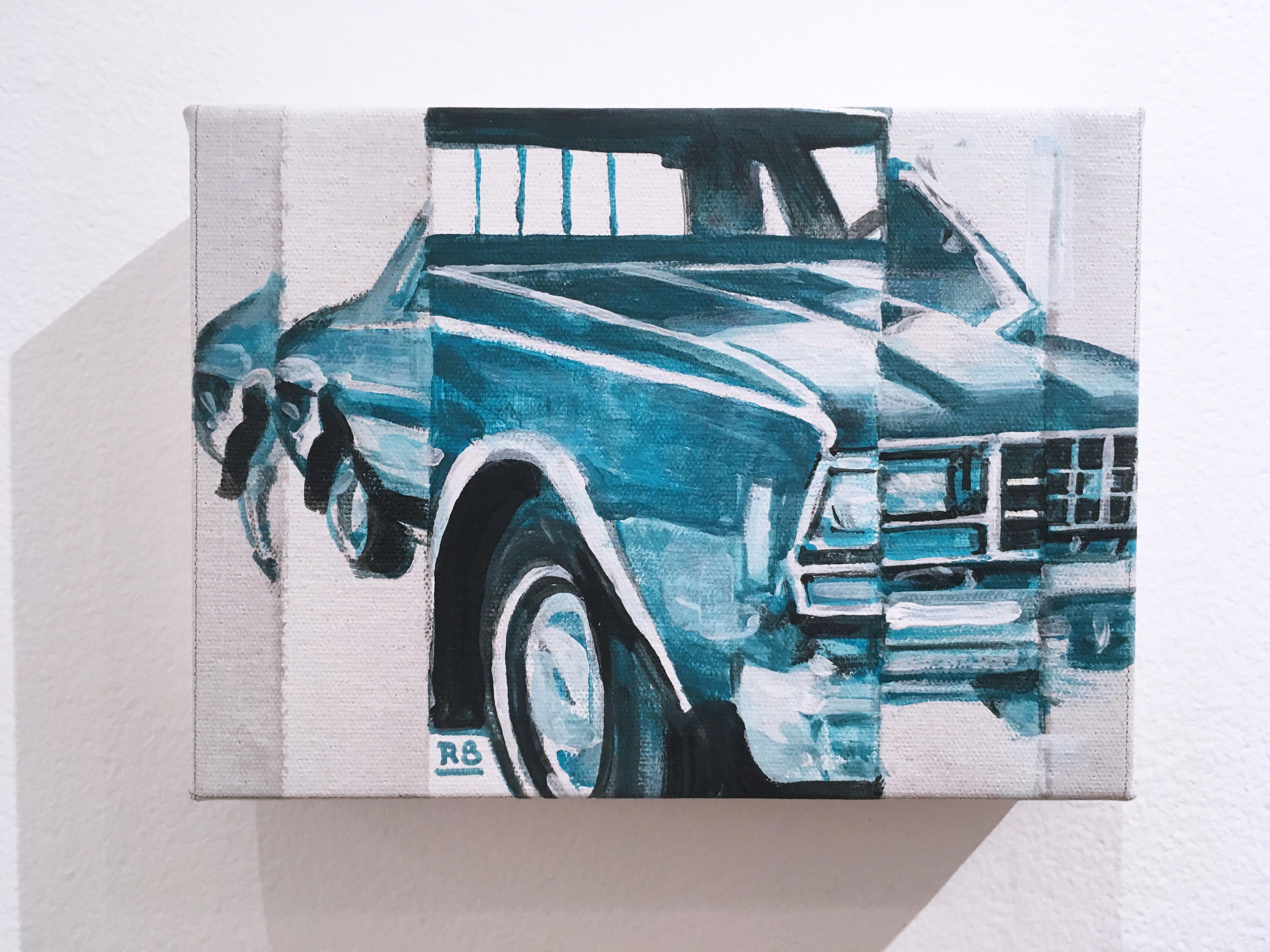IMPALA, figurative, acrylic on canvas, turquoise, 1970's Chevy muscle car 