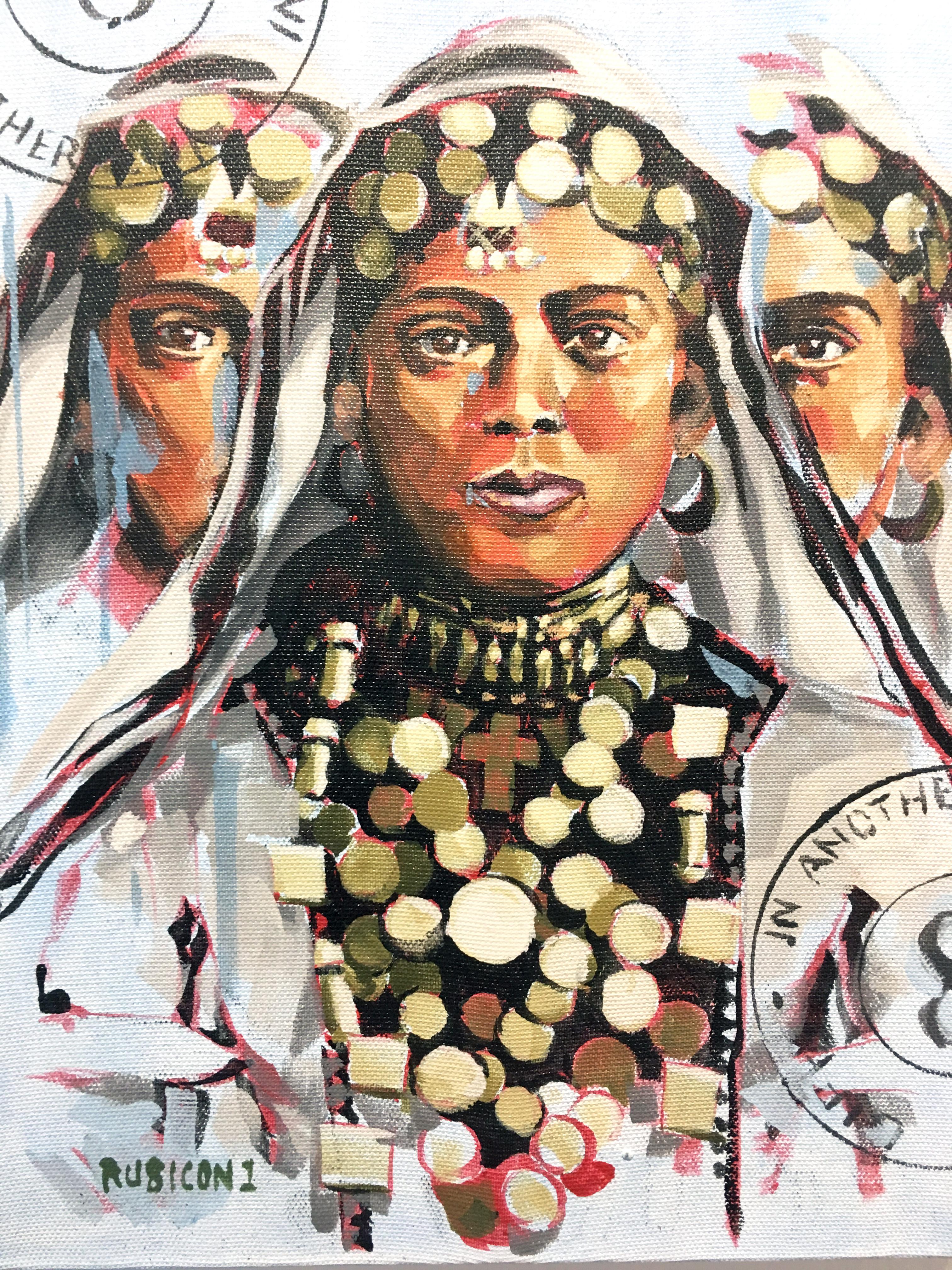 In Another Life di Ru8icon, Ritratto in acrilico su tela, blu, donna, viso, Jewell - Figurative Painting Grigio di RU8ICON1