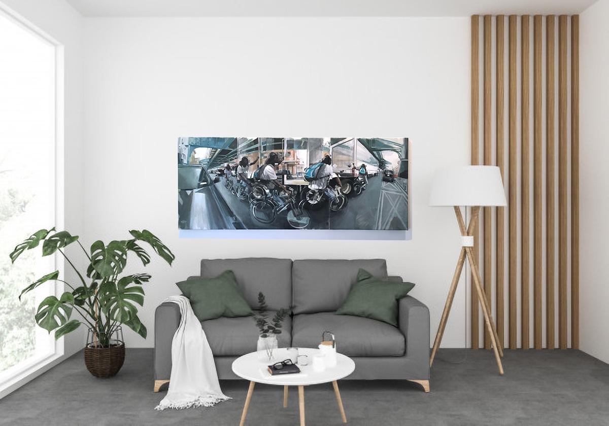 « Kensington Avenue », peinture à l'huile figurative sur toile, 2019 avec cycliste  - Painting de RU8ICON1