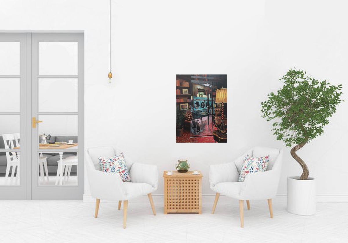 Living Room, 2017, figurative, interior, wood, library, Barcelona, street art - Contemporary Painting by RU8ICON1