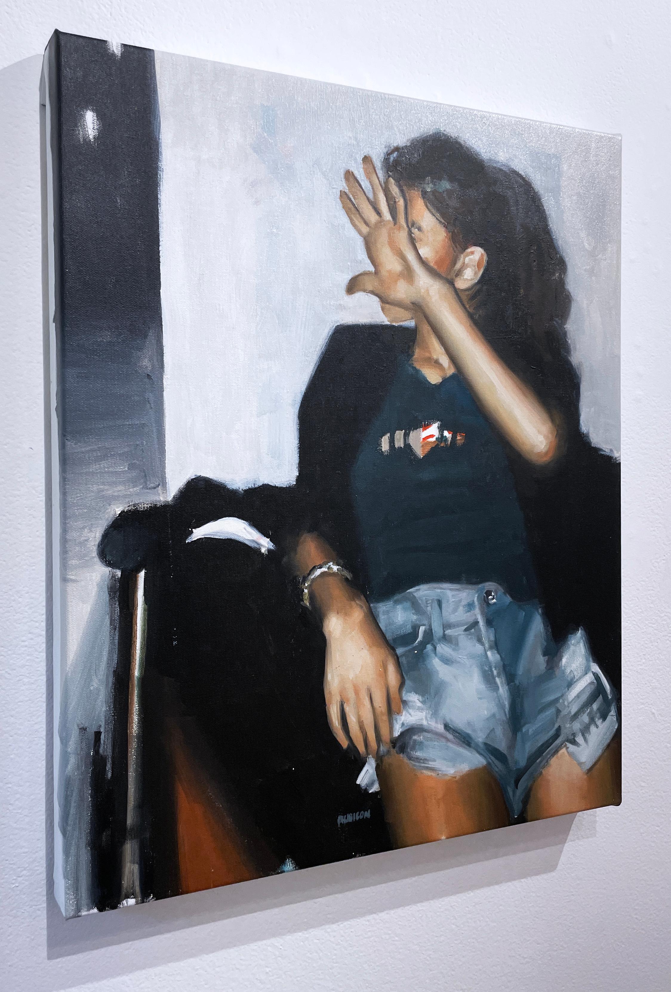 No Flash (2022) Öl auf Leinwand, figurativ, Schnappschuss einer Frau, handge verstecktes Gesicht  (Zeitgenössisch), Painting, von RU8ICON1