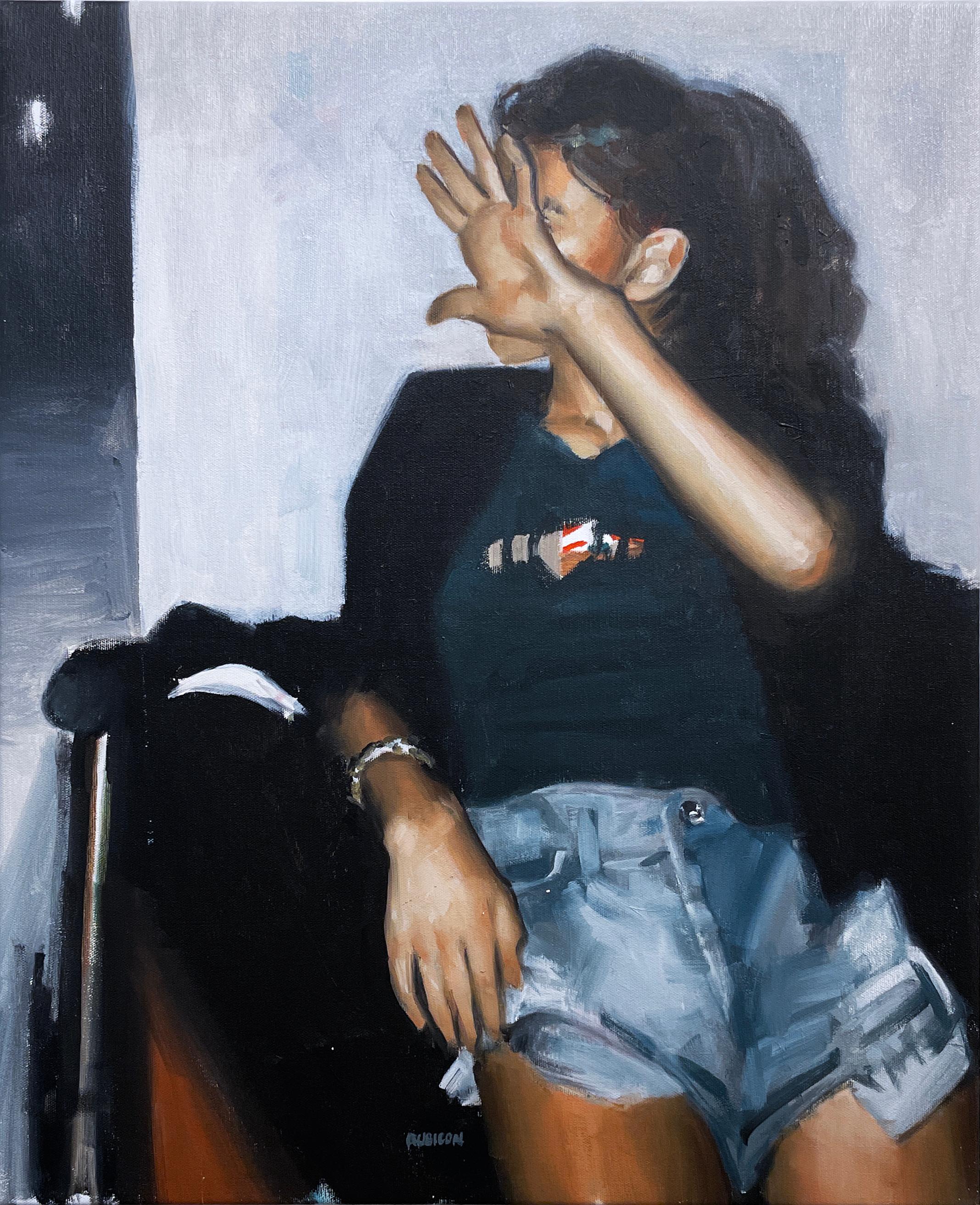 No Flash (2022) oil on canvas, figurative, snapshot of woman, hand hiding face 