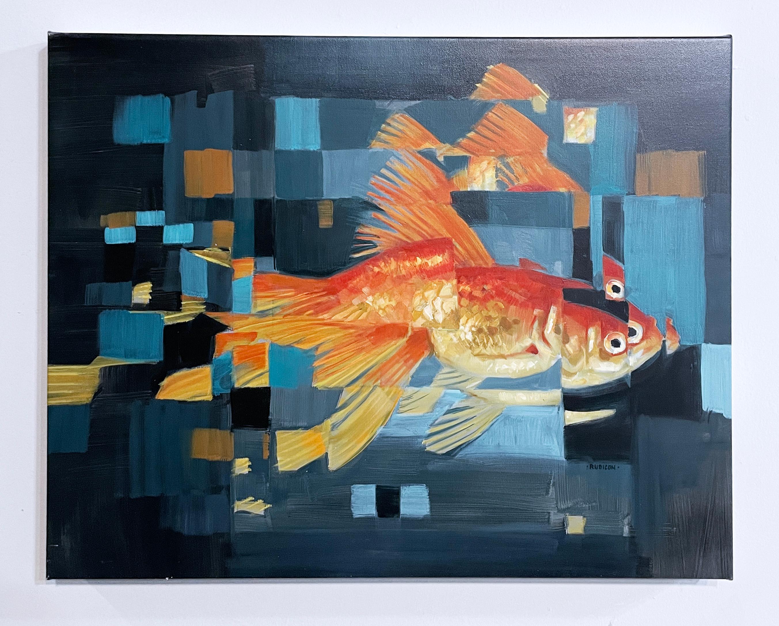 One Fish (2022) oil on canvas, figurative, orange, blue, pixels, water, goldfish - Painting by RU8ICON1