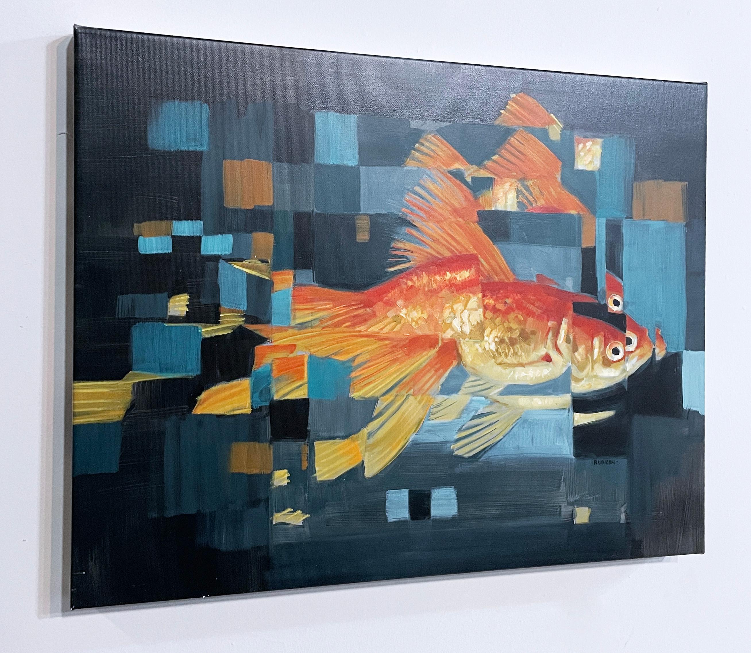 Un pesce (2022) olio su tela, figurativo, arancione, blu, pixel, acqua, pesce rosso - Animal Painting Blu di RU8ICON1