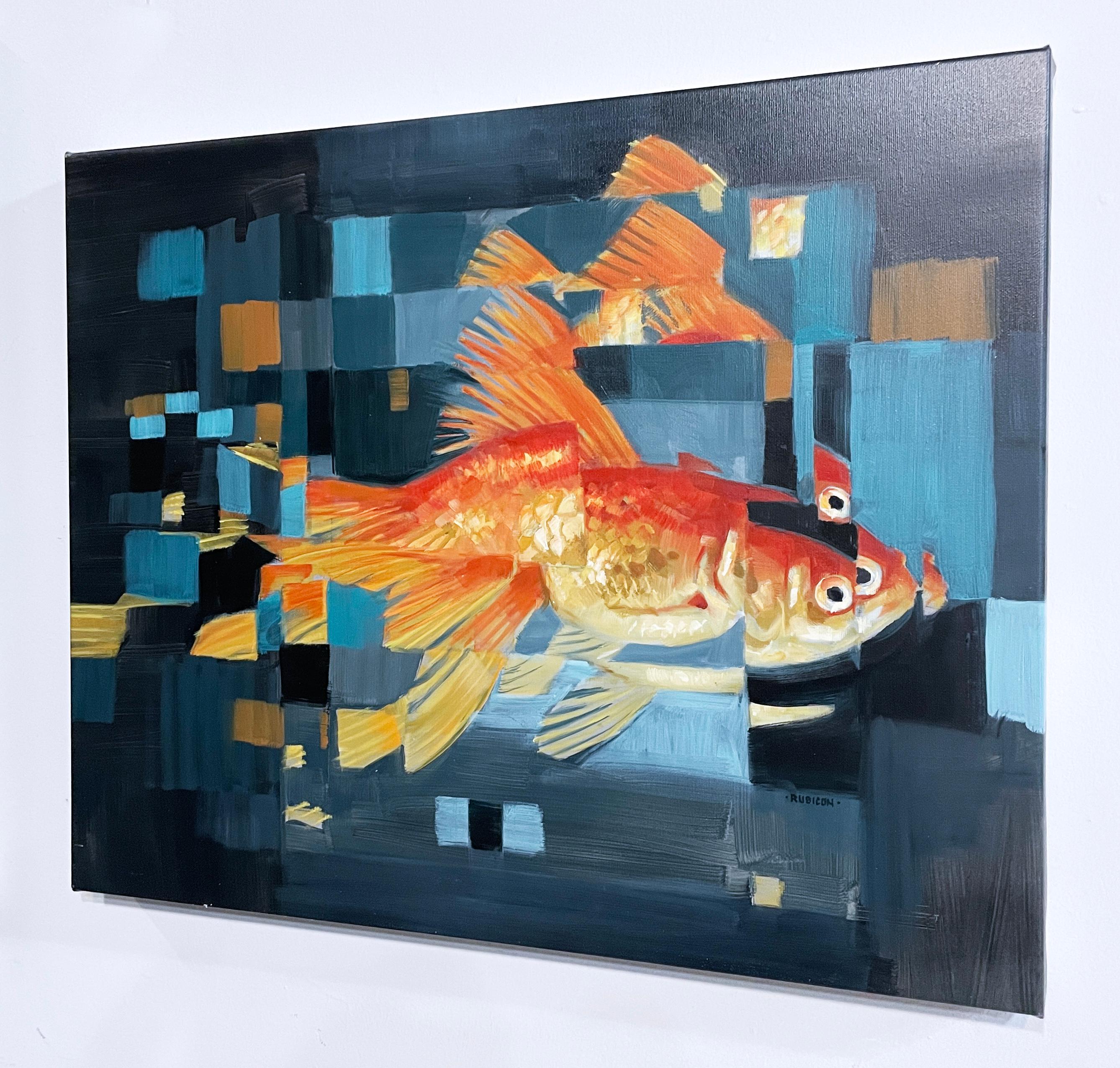 One Fish (2022) oil on canvas, figurative, orange, blue, pixels, water, goldfish - Blue Animal Painting by RU8ICON1