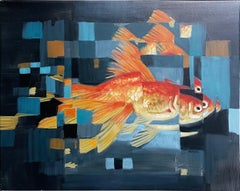One Fish (2022) Öl auf Leinwand, figurativ, orange, blau, pixels, Wasser, Goldfisch