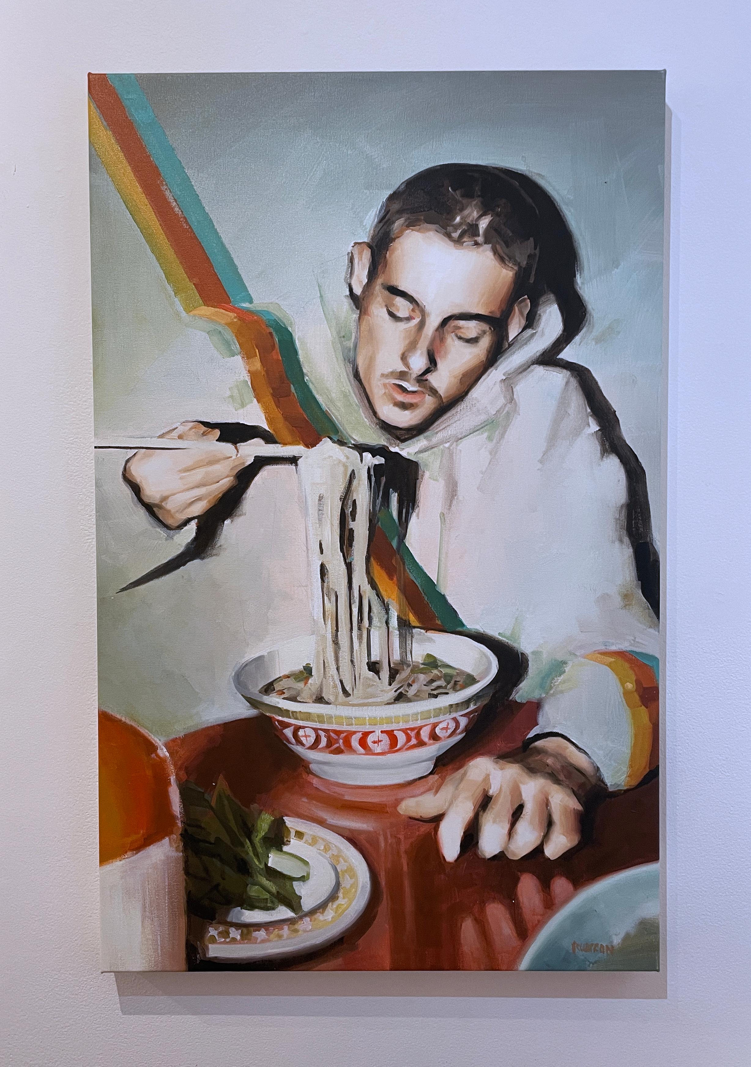 Open Late (2022) oil on canvas, figurative, man dining on bowl of noodles, ramen - Painting by RU8ICON1