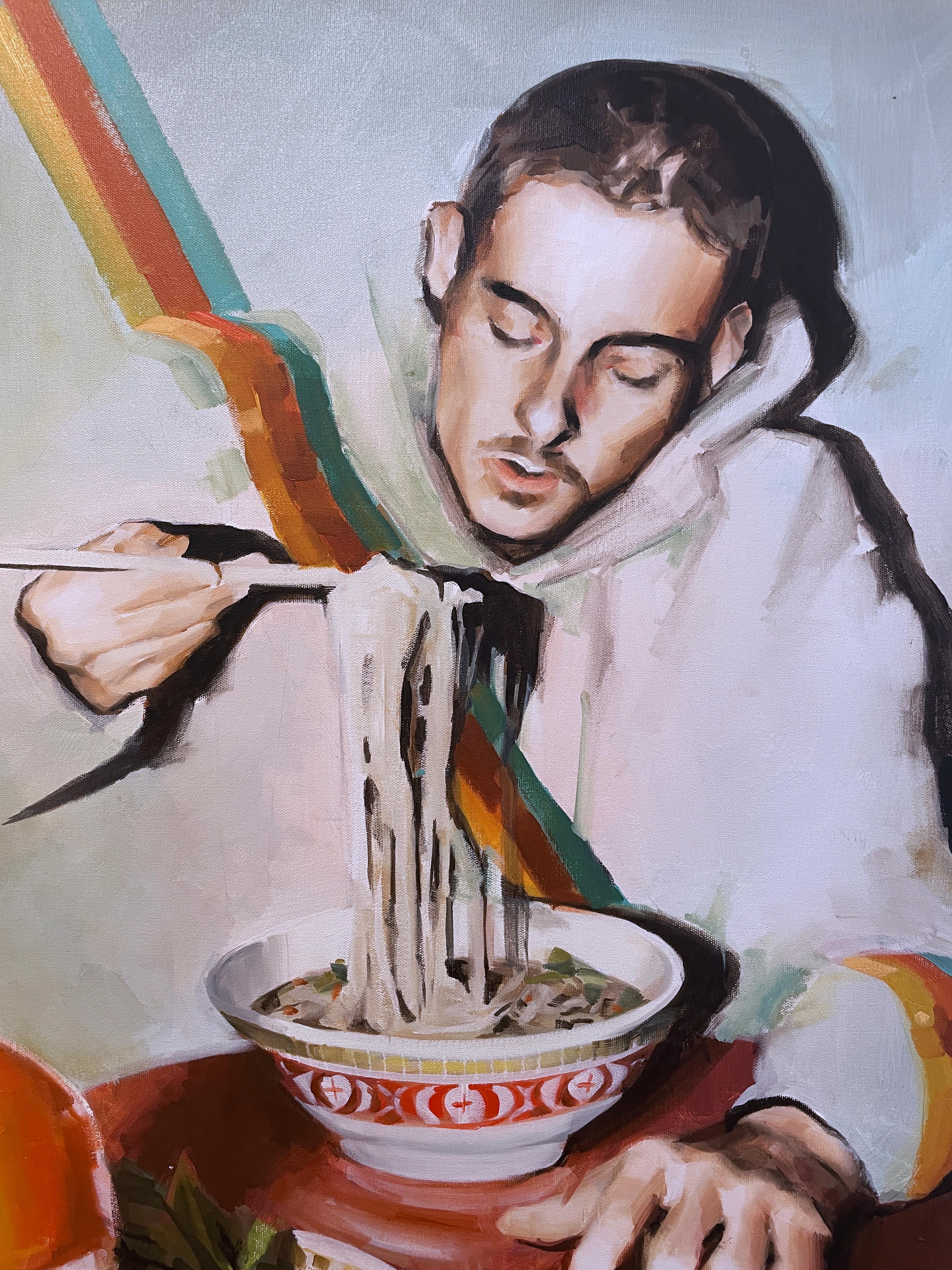 Open Late (2022) oil on canvas, figurative, man dining on bowl of noodles, ramen - Contemporary Painting by RU8ICON1