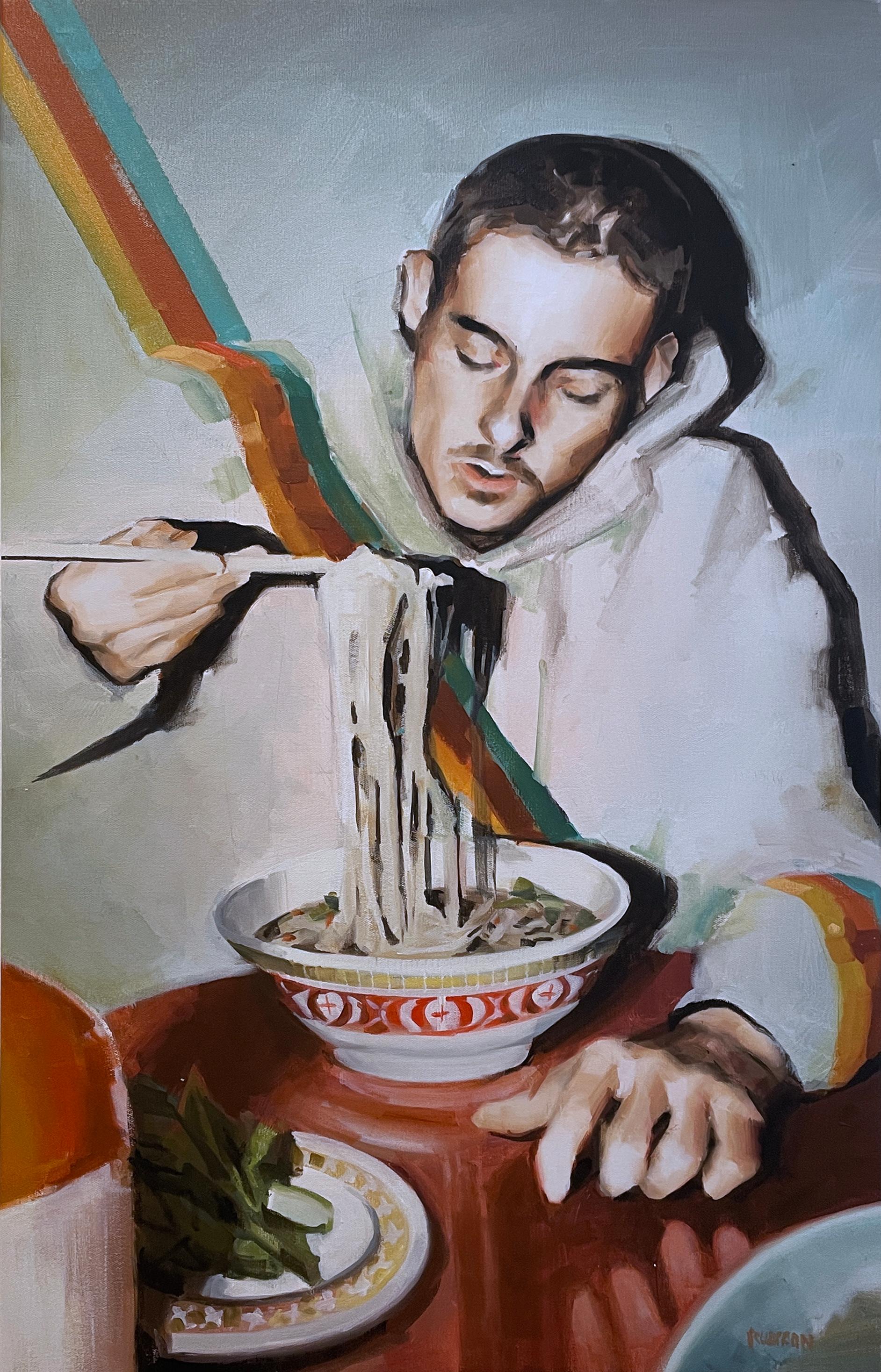 Open Late (2022) oil on canvas, figurative, man dining on bowl of noodles, ramen