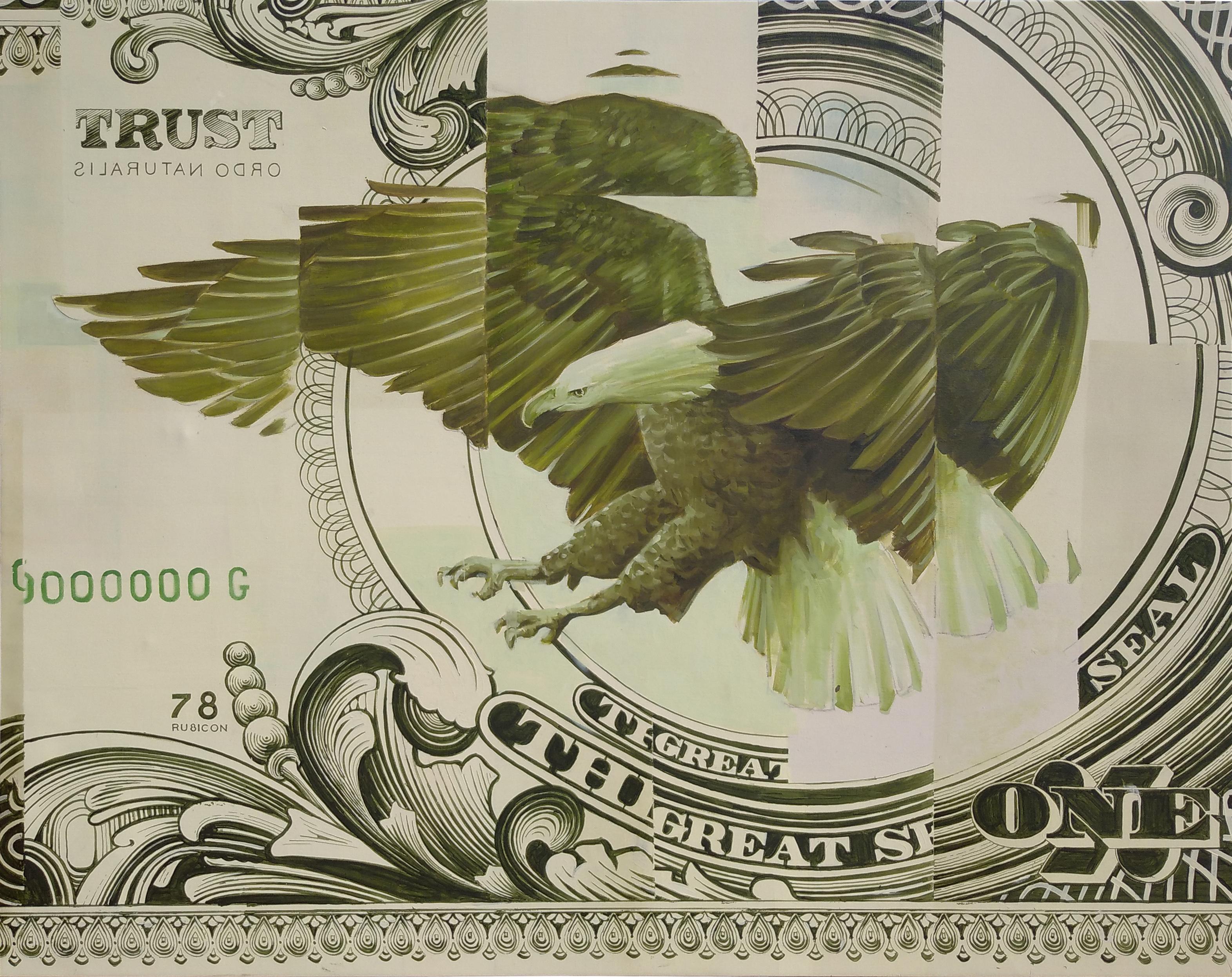 RU8ICON1 Figurative Painting – Ordus Naturalis, Öl und Acryl auf Leinwand Gemälde, Adler und US-Dollar, Währung