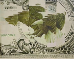 Peinture à l'huile et à l'acrylique sur toile Ordus Naturalis, aigle et dollars américains, de l'époque