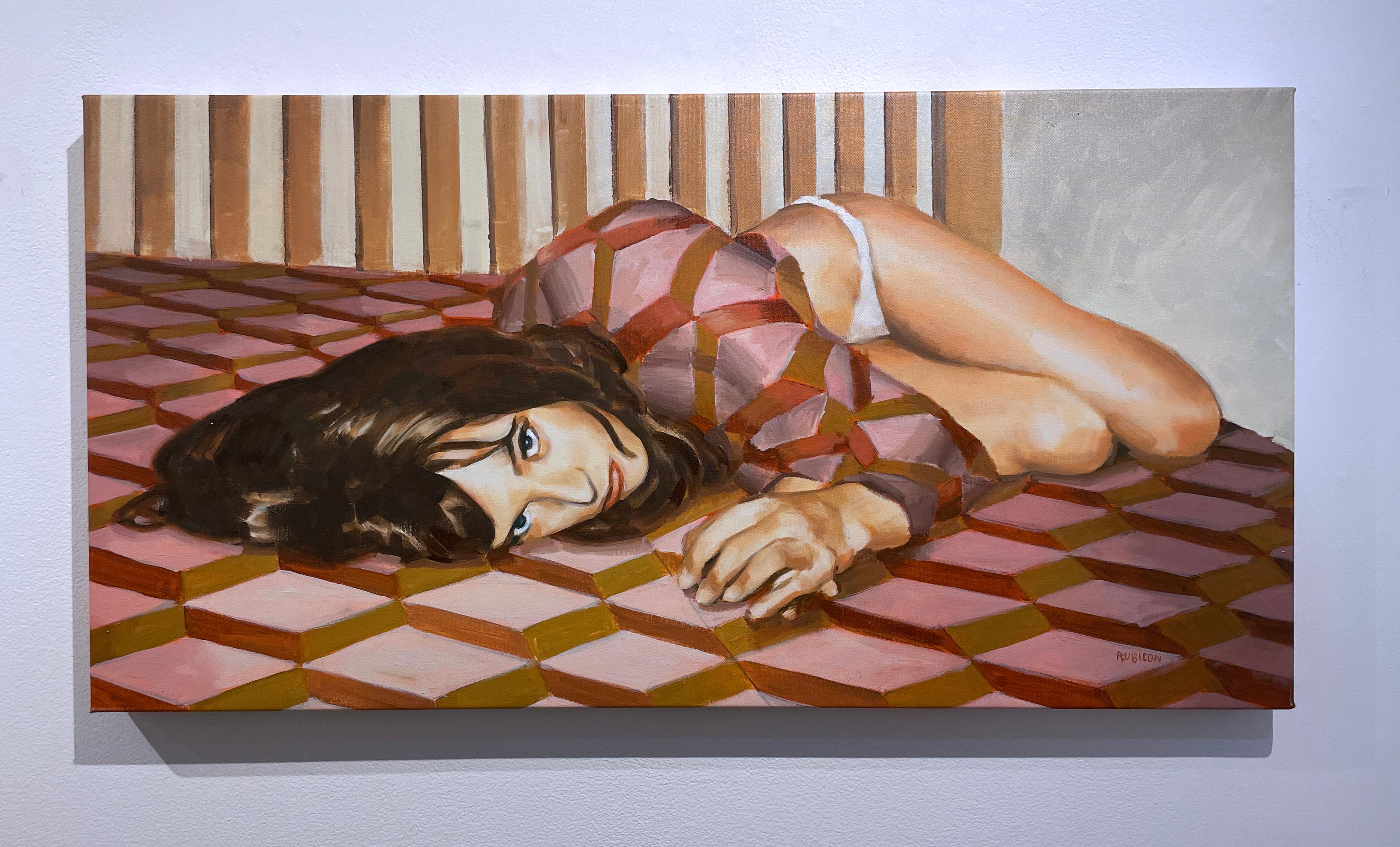 Sheets (2022) huile sur toile, figuratif, femme sur le lit, motif rose & brun doré. - Painting de RU8ICON1
