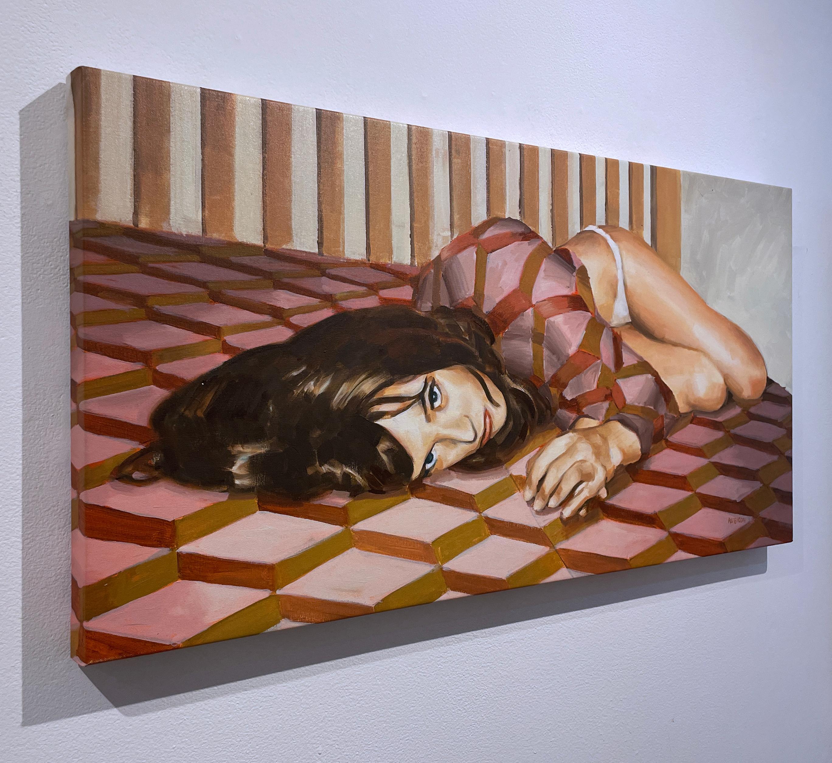 Sheets (2022) oil on canvas, figurative, woman on bed, pink & gold brown pattern - Contemporary Painting by RU8ICON1