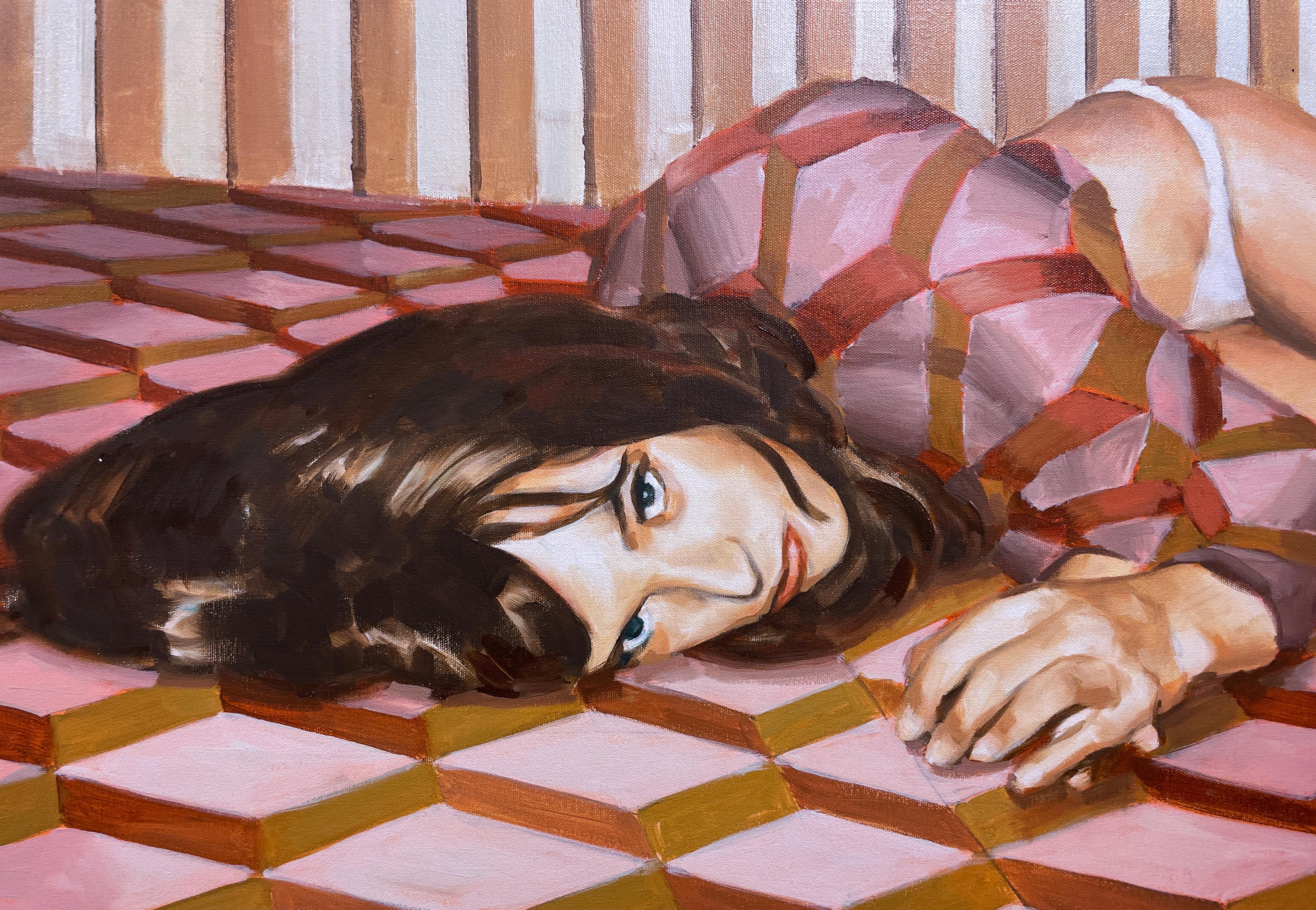 Sheets (2022) huile sur toile, figuratif, femme sur le lit, motif rose & brun doré. en vente 1