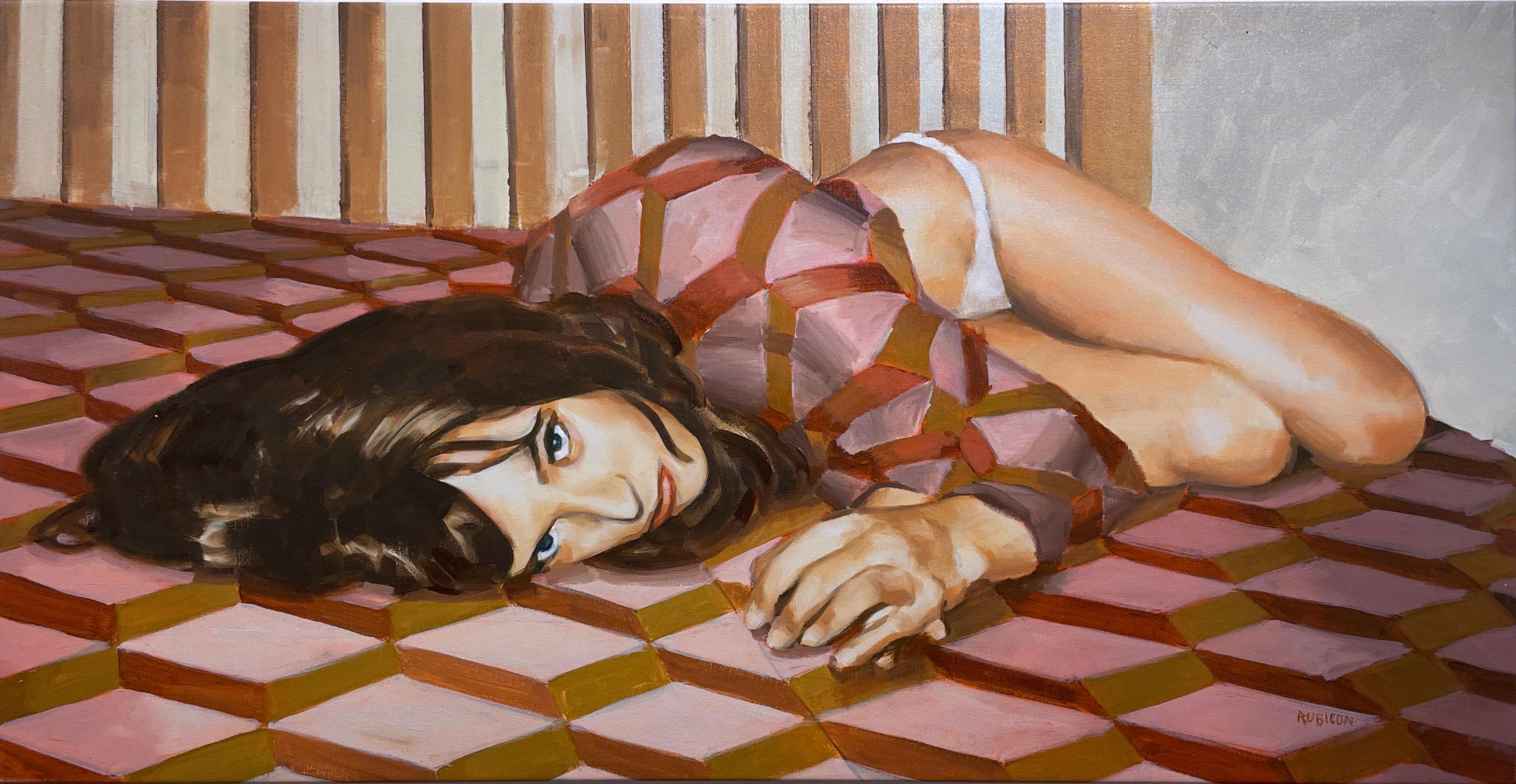 RU8ICON1 Figurative Painting - Sheets (2022) oil on canvas, figurative, woman on bed, pink & gold brown pattern