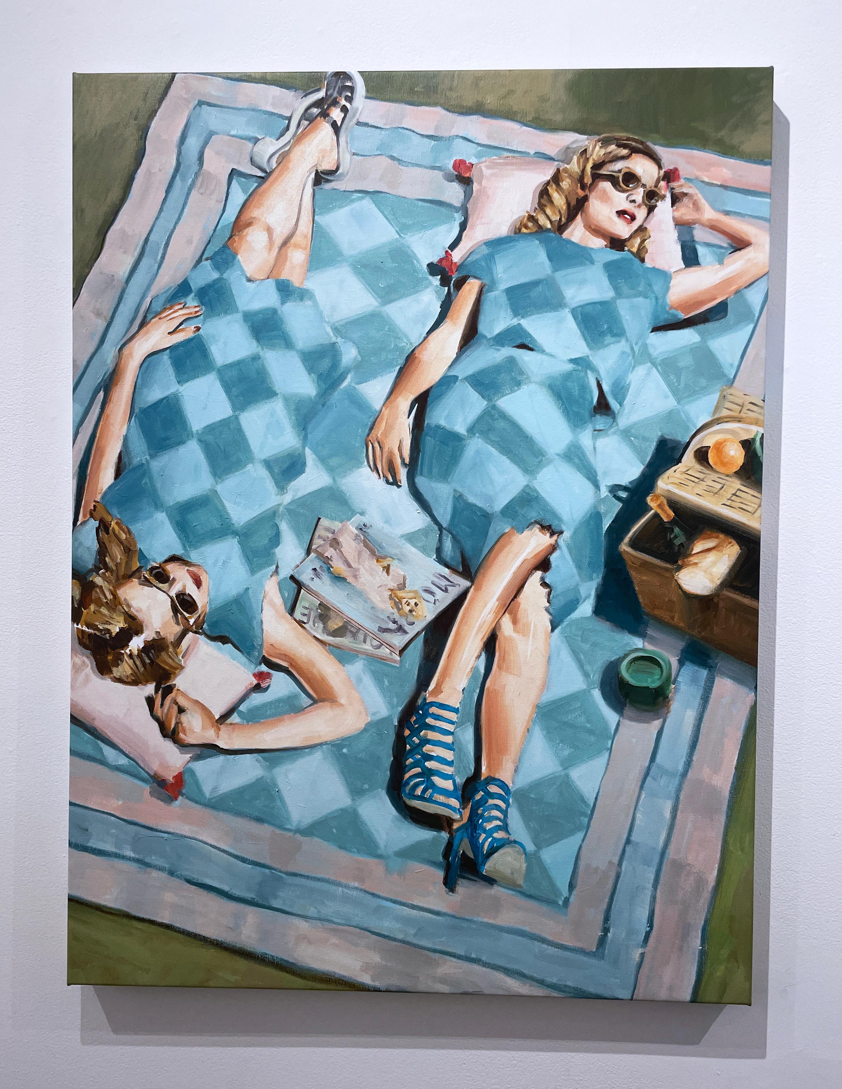 Style Picnic (2022) oil on canvas, figurative, lounging women, patterns, blue - Painting by RU8ICON1