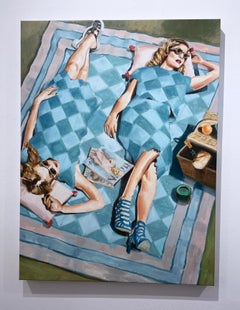 Style Picnic (2022) oil on canvas, figurative, lounging women, patterns, blue