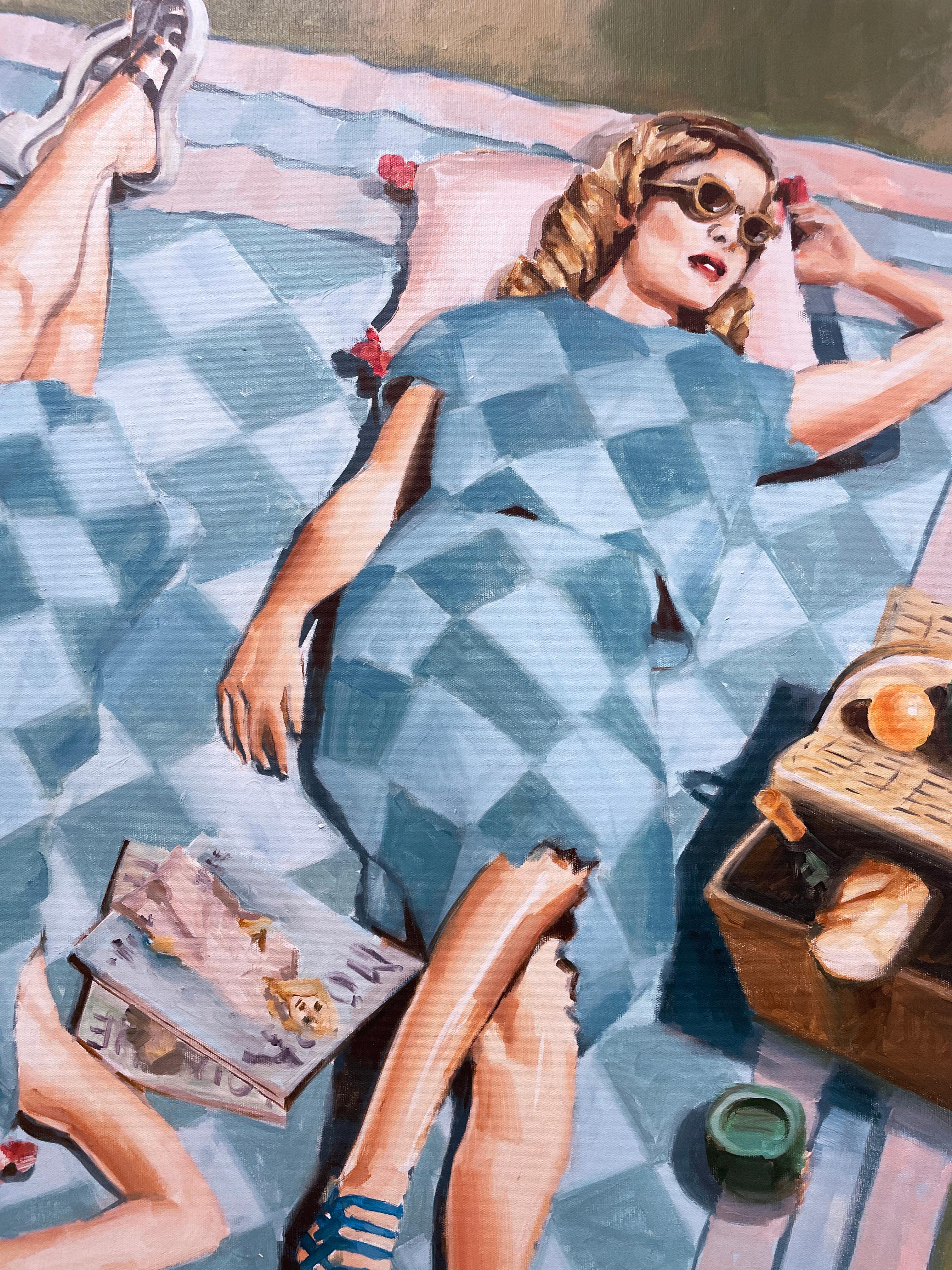 Style Picnic (2022) oil on canvas, figurative, lounging women, patterns, blue 1