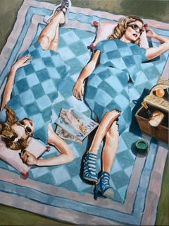 Picnic-Stil (2022) Öl auf Leinwand, figurative, liegende Frauen, Muster, blau