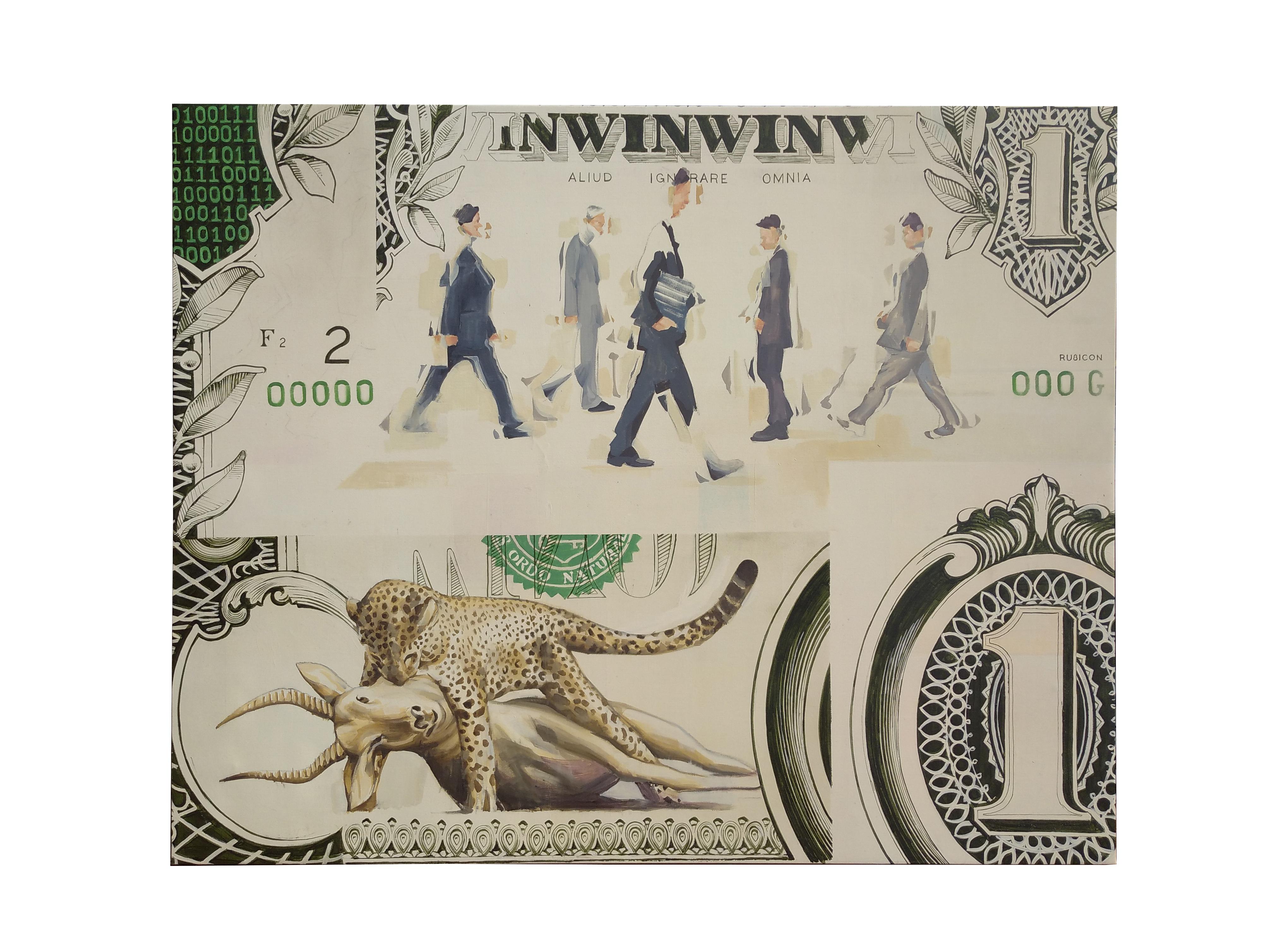 Oil and acrylic on canvas; earthy tones, olive green, kelly green, gray, stone gray, stone blue, navy, black, ecru, gold; businessmen, Wall Street, financial district, cheetah and gazelle, predator and prey

From RU8ICON1's latest series,