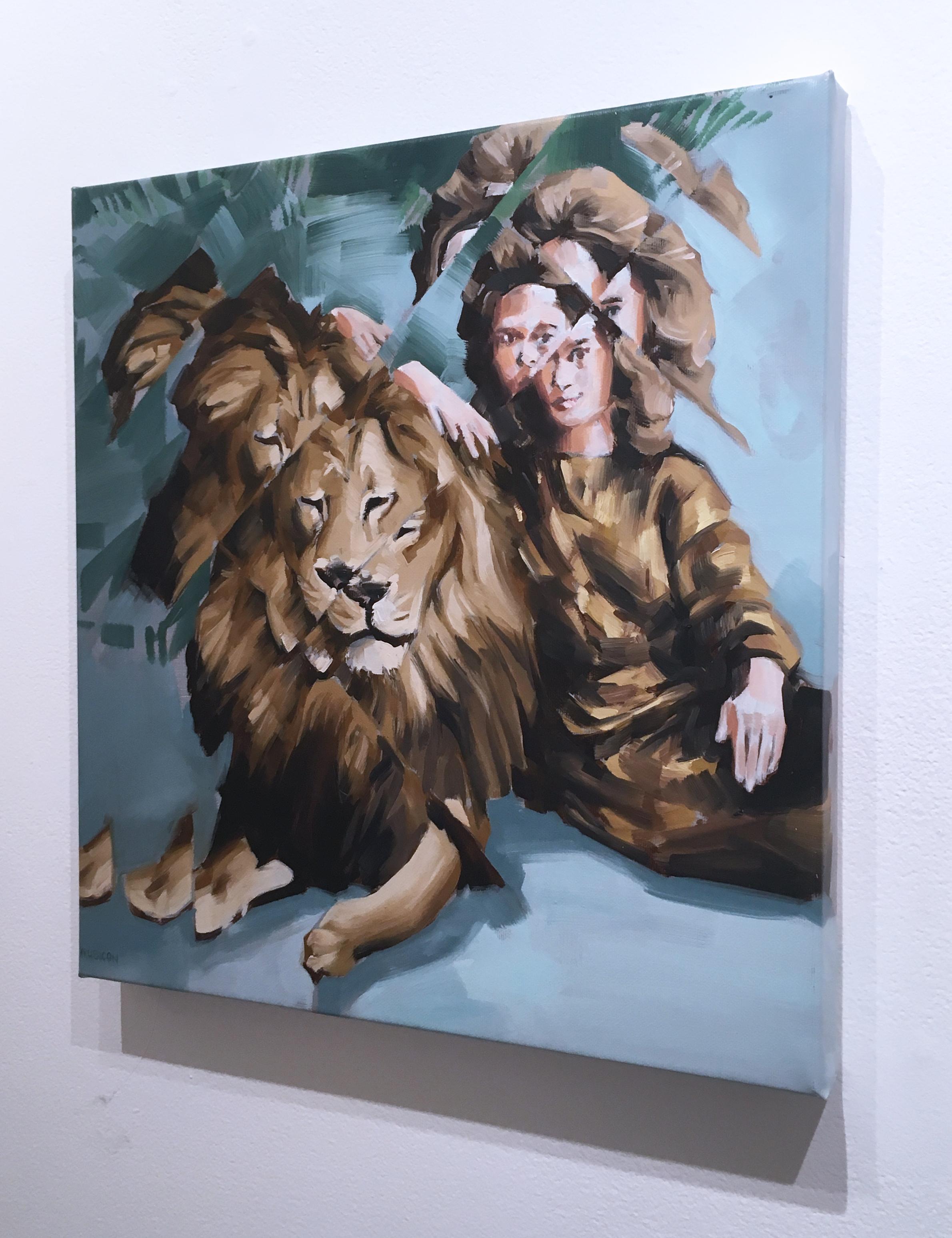 Tippi and Neil by RU8ICON1
Portrait of Tippi Hedren and her lion Neil by Barcelona based contemporary street artist and formally trained painter, RU8ICON1.  Figurative oil painting on canvas with distorted portraiture in saturated colors -- golds,