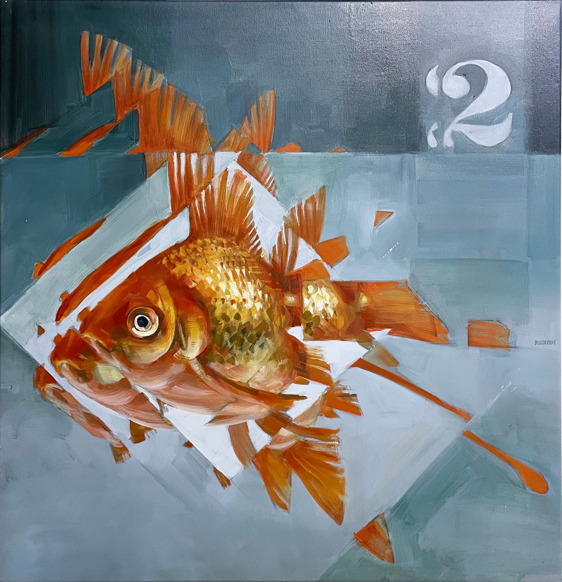 RU8ICON1 Figurative Painting - Two Fish (2022) oil on canvas, figurative, orange, blue, pixels, water, goldfish