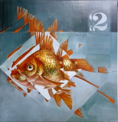 Two Fish (2022) oil on canvas, figurative, orange, blue, pixels, water, goldfish