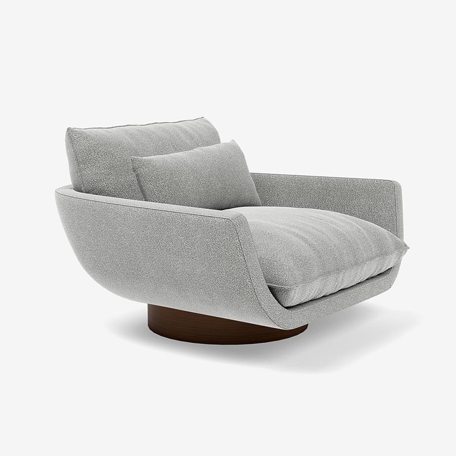 This Rua Ipanema lounge chair by Yabu Pushelberg is upholstered in Dermott Place boucle wool. Dermott Place comes in 4 colorways from Italy with a composition of 42% wool, 33% viscose, 24% cotton and 1% Polyamid, a weight of 1040g/m and a Martindale
