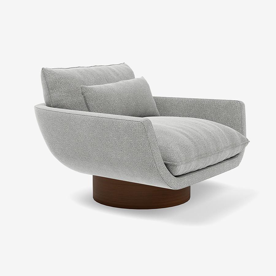 This Rua Ipanema lounge chair by Yabu Pushelberg is upholstered in Dermott Place boucle wool. Dermott Place comes in 4 colorways from Italy with a composition of 42% wool, 33% viscose, 24% cotton and 1% polyamid, a weight of 1040g/m and a Martindale