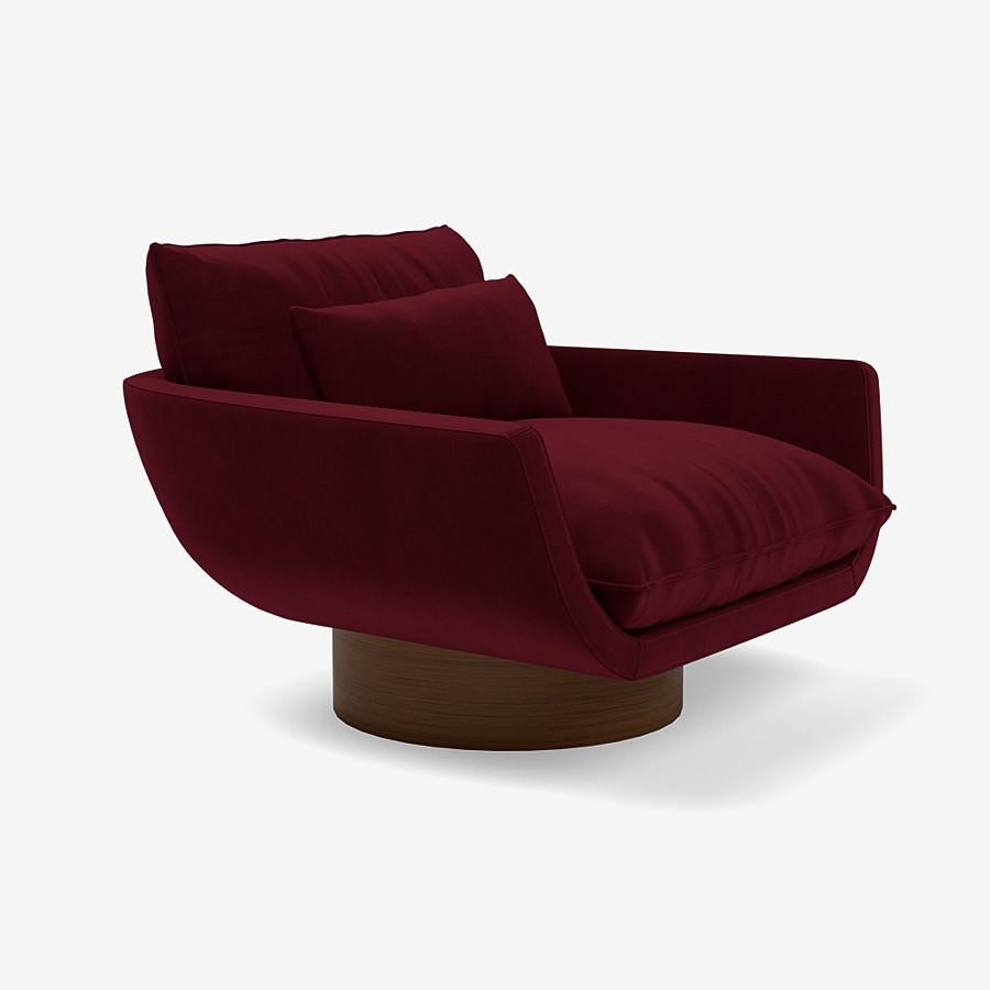 This Rua Ipanema lounge chair by Yabu Pushelberg is upholstered in Via de' Tessitori, high pile polyester velvet. Via de' Tessitori comes in 7 colorways from Italy with a composition of 100% fire rated Polyester, a weight of 960g/m and a Martindale