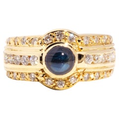 Rub Over Deep Blue Sapphire and Diamond Vintage Dome Ring in 18 Carat Gold