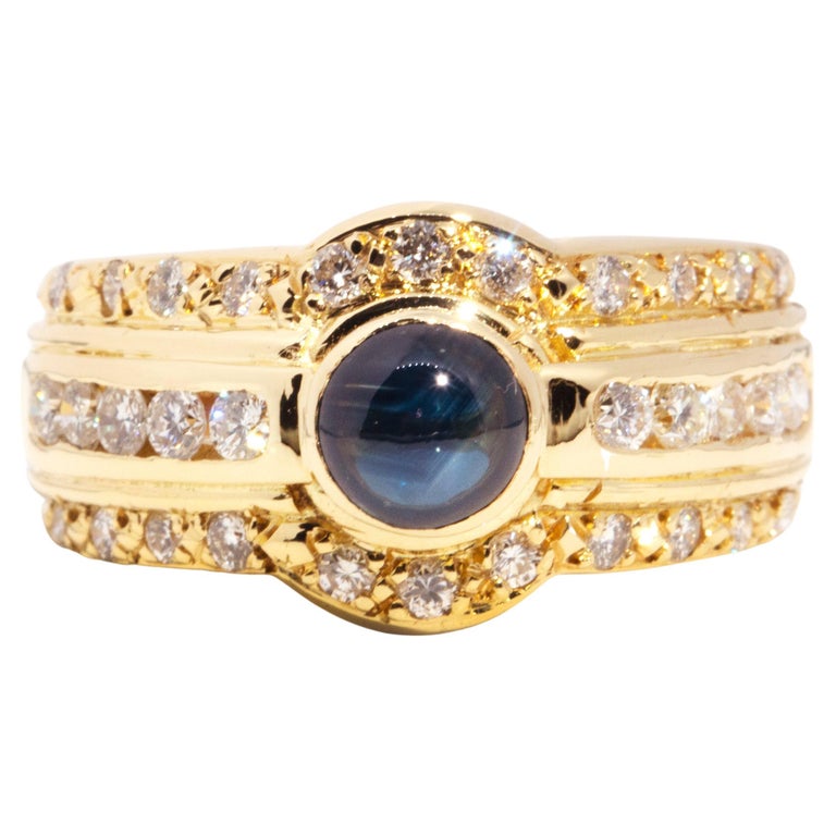Rub Over Deep Blue Sapphire and Diamond Vintage Dome Ring in 18 Carat ...