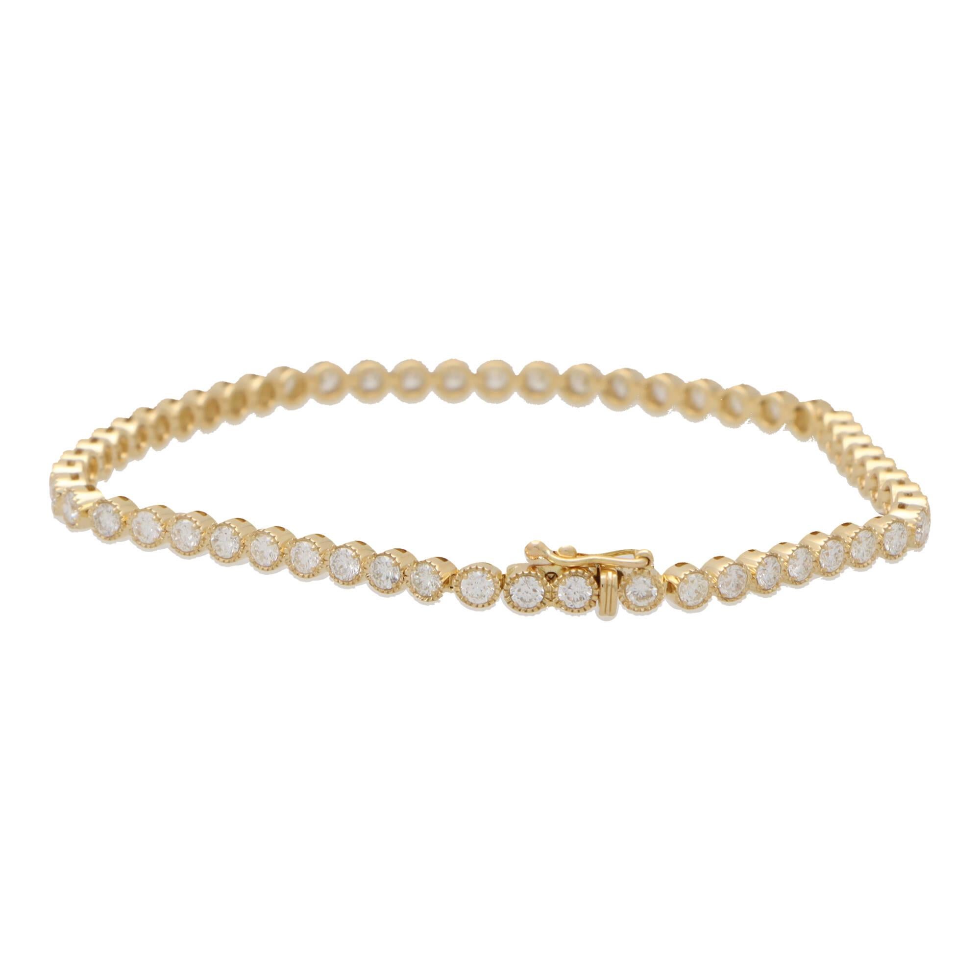 Modern Rub Over Diamond Line Tennis Bracelet Set in 18k Yellow Gold