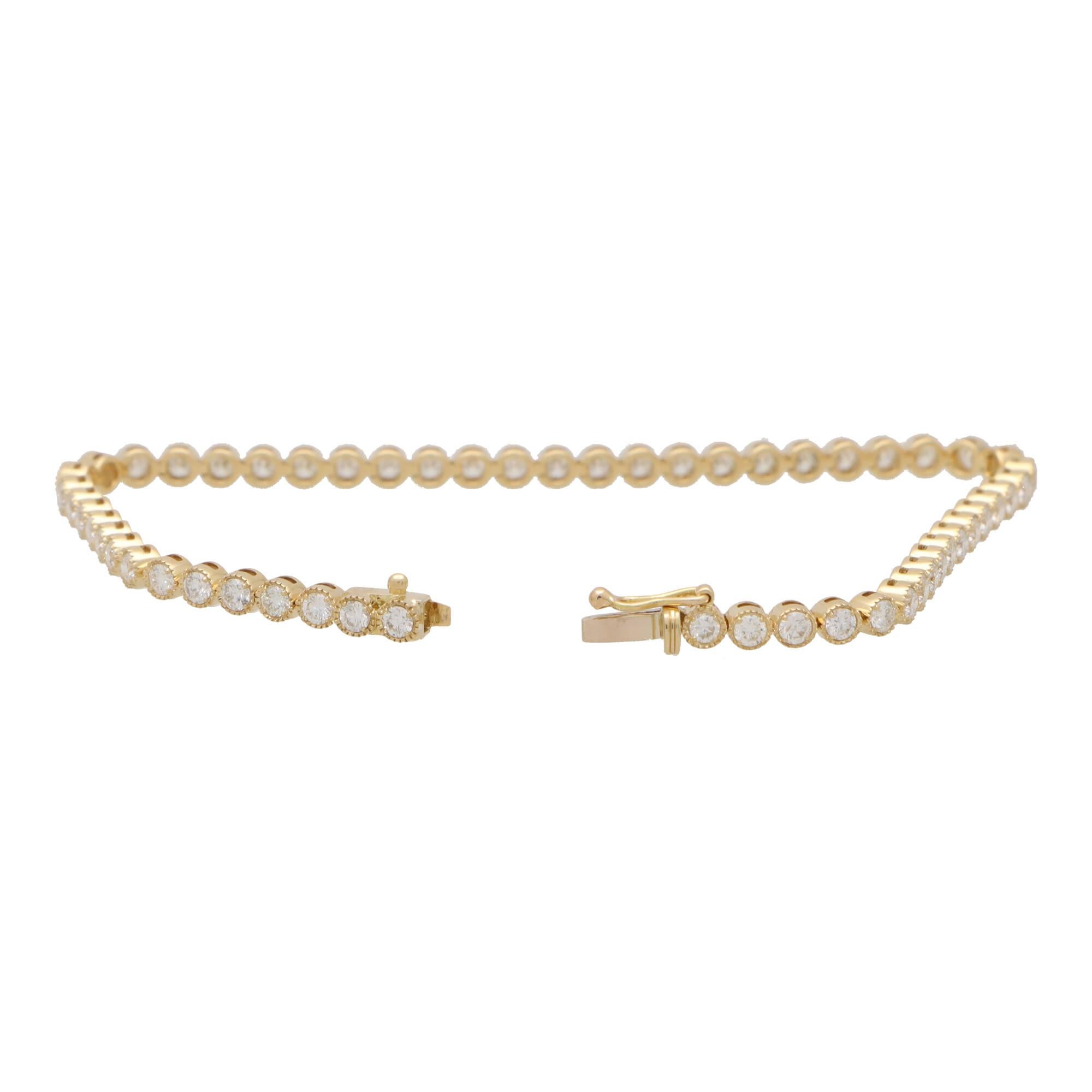 Rub Over Diamond Line Tennis Bracelet Set in 18k Yellow Gold In New Condition In London, GB