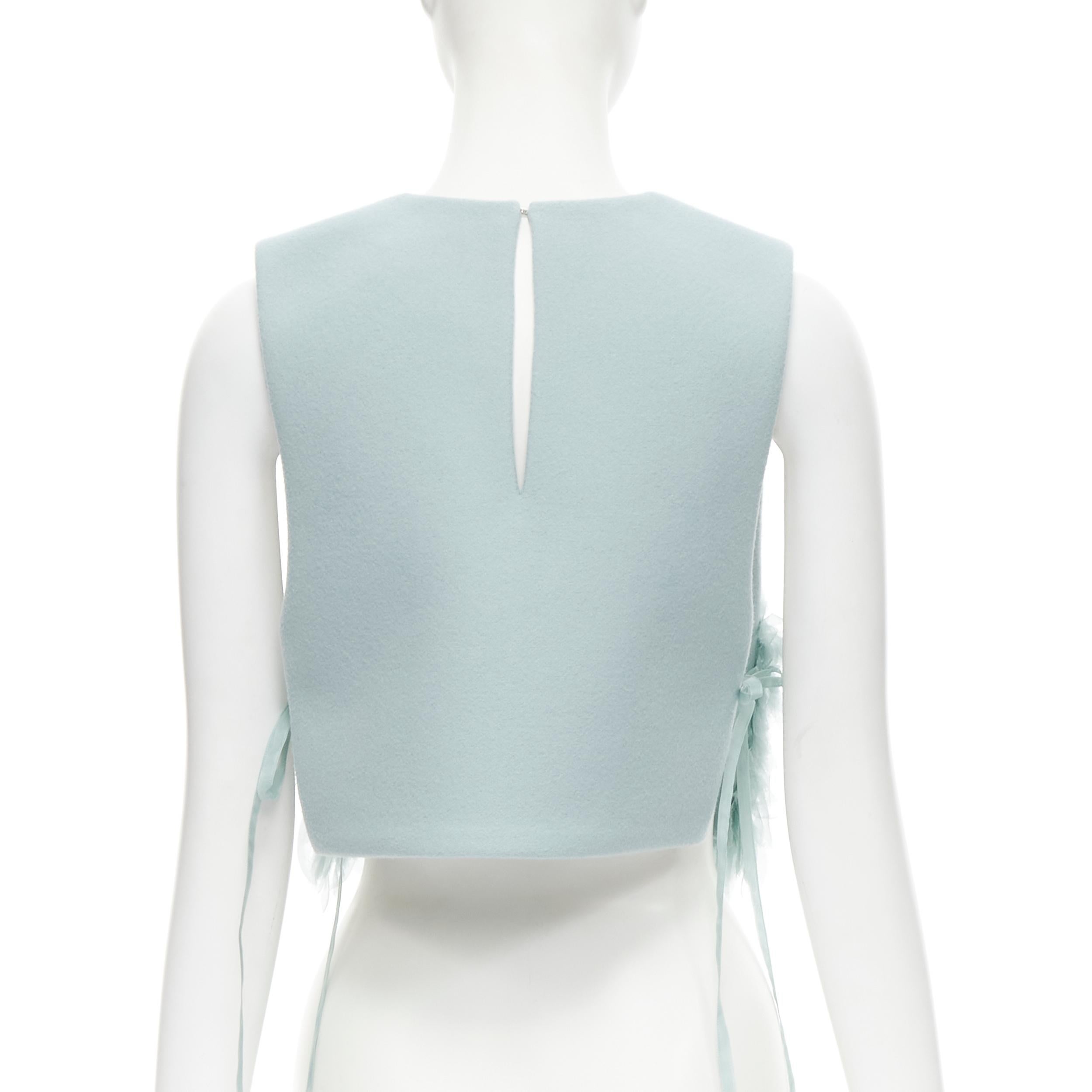 Women's RUBAN Russia 100% wool light blue silk ruffle petal tie side cropped vest top XS