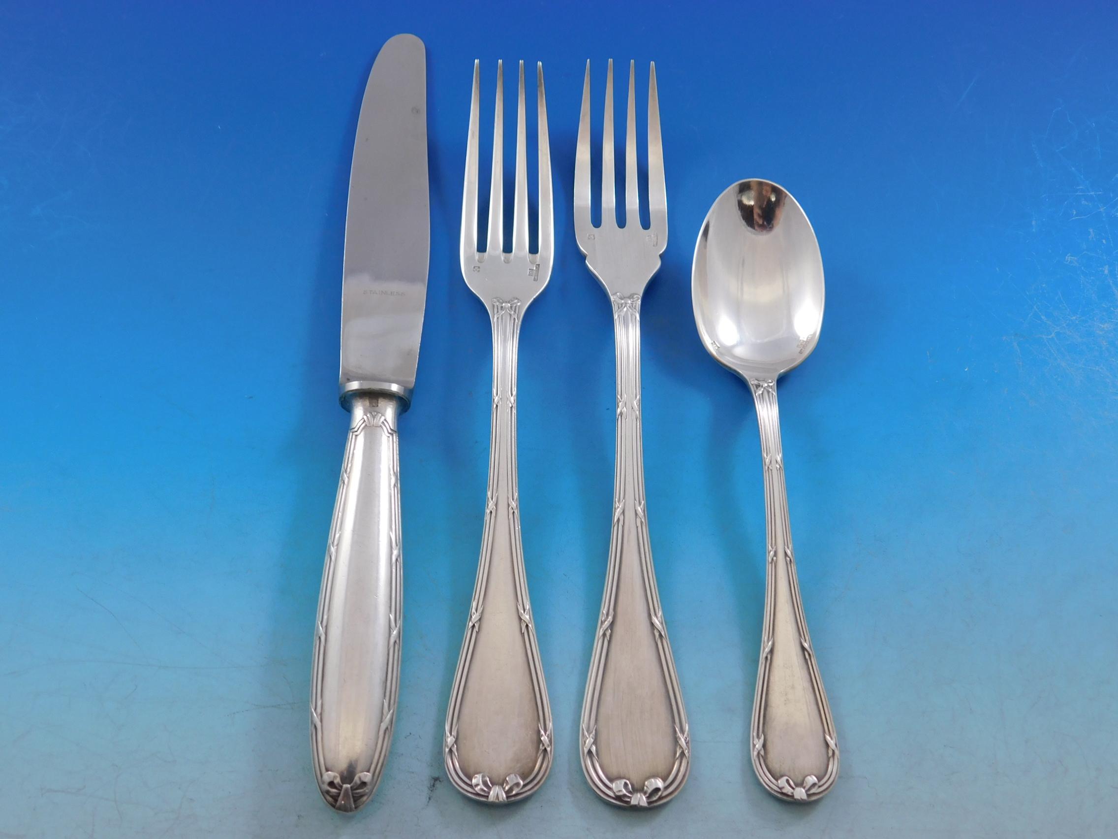 French Rubans by Christofle Silverplate Flatware Service Set 70 Pcs France Bow & Ribbon For Sale