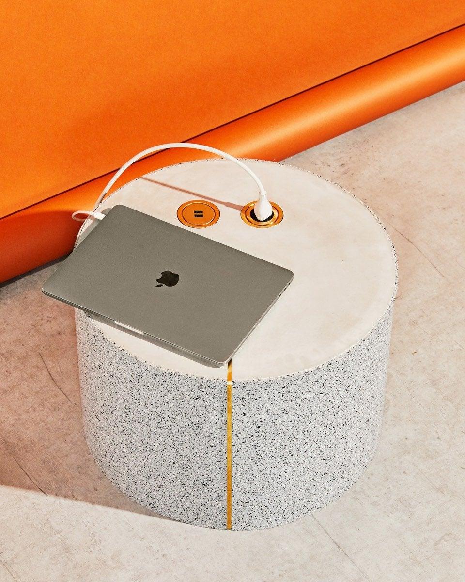 Cast Rubber and Concrete Power CYL Side Table with Integrated Power Outlet