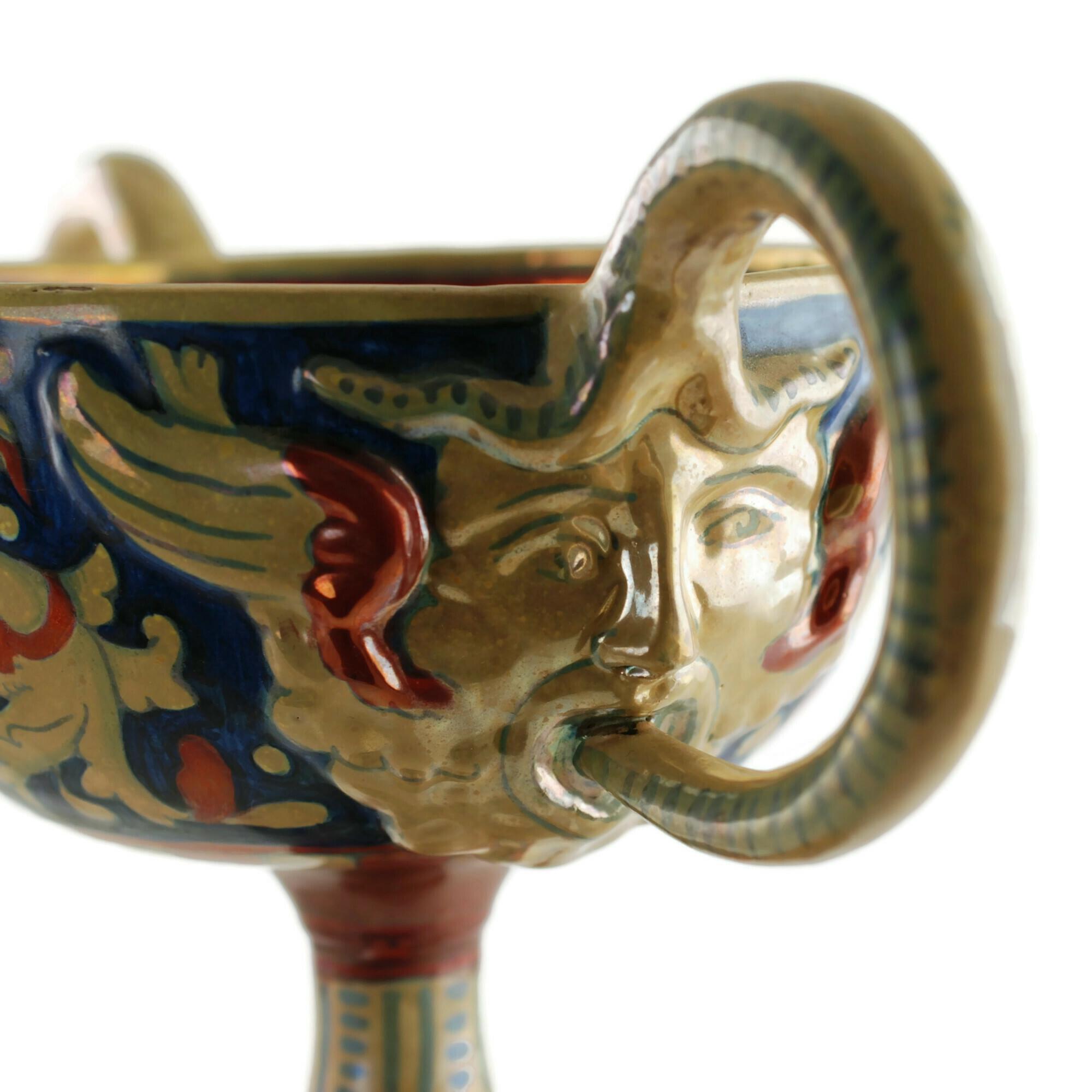 Rubboli Lustre Majolica Double-Handled Compote with Mask Head Detail For Sale 1