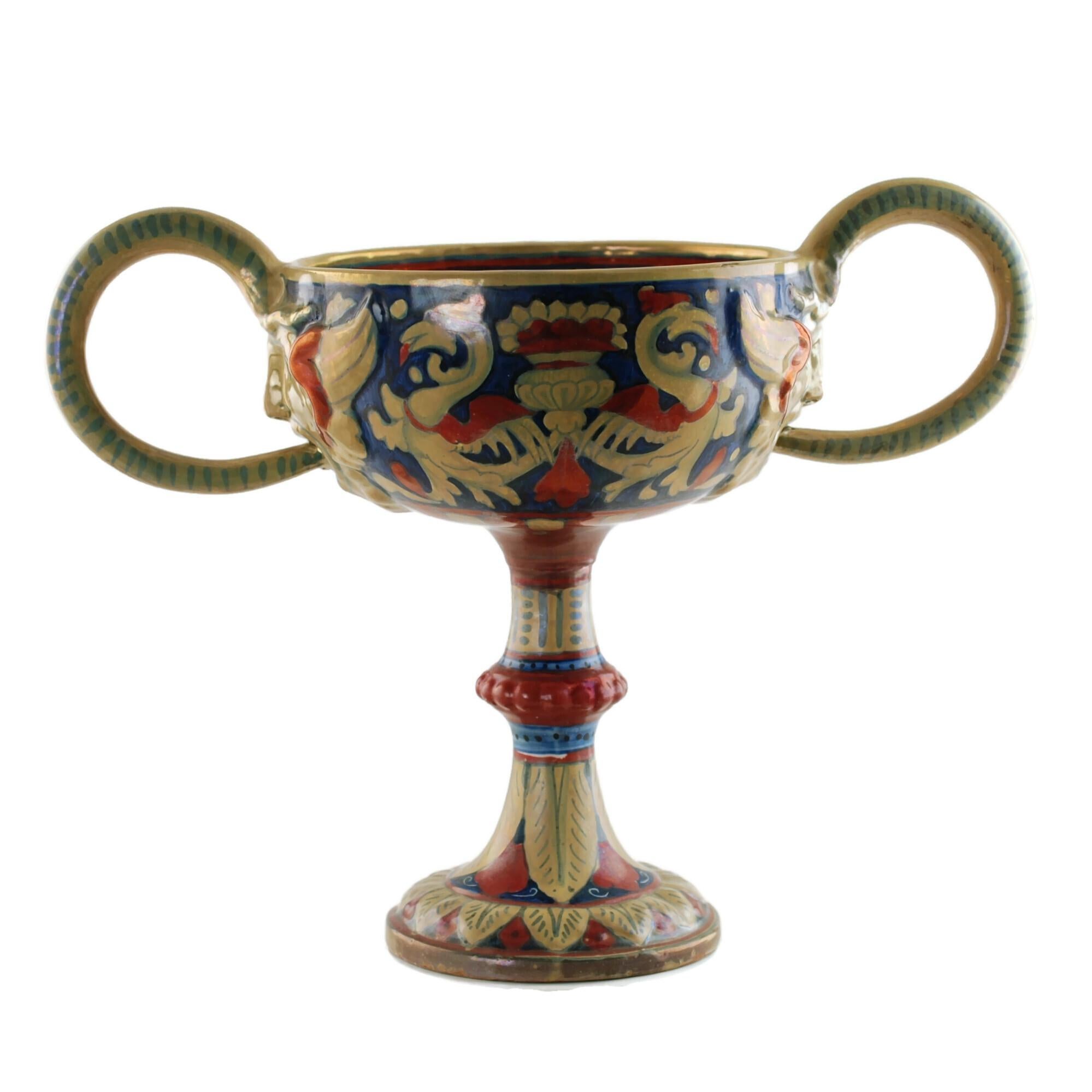 Rubboli Lustre Majolika-Kompottschale mit doppeltem Henkel und Maskenkopf-Detail (Italienisch) im Angebot