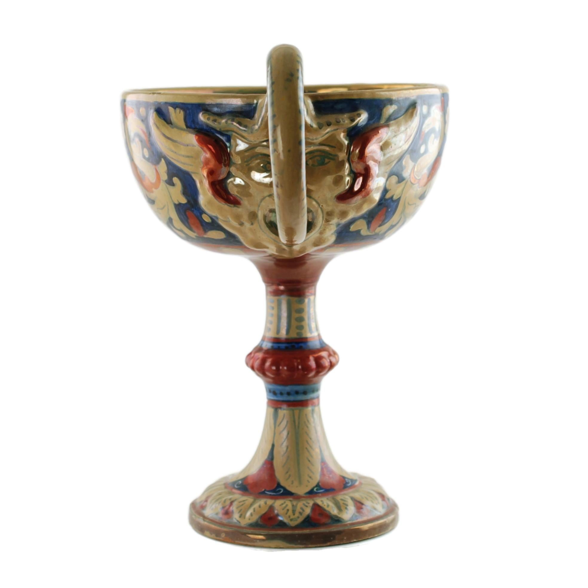 Italian Rubboli Lustre Majolica Double-Handled Compote with Mask Head Detail For Sale