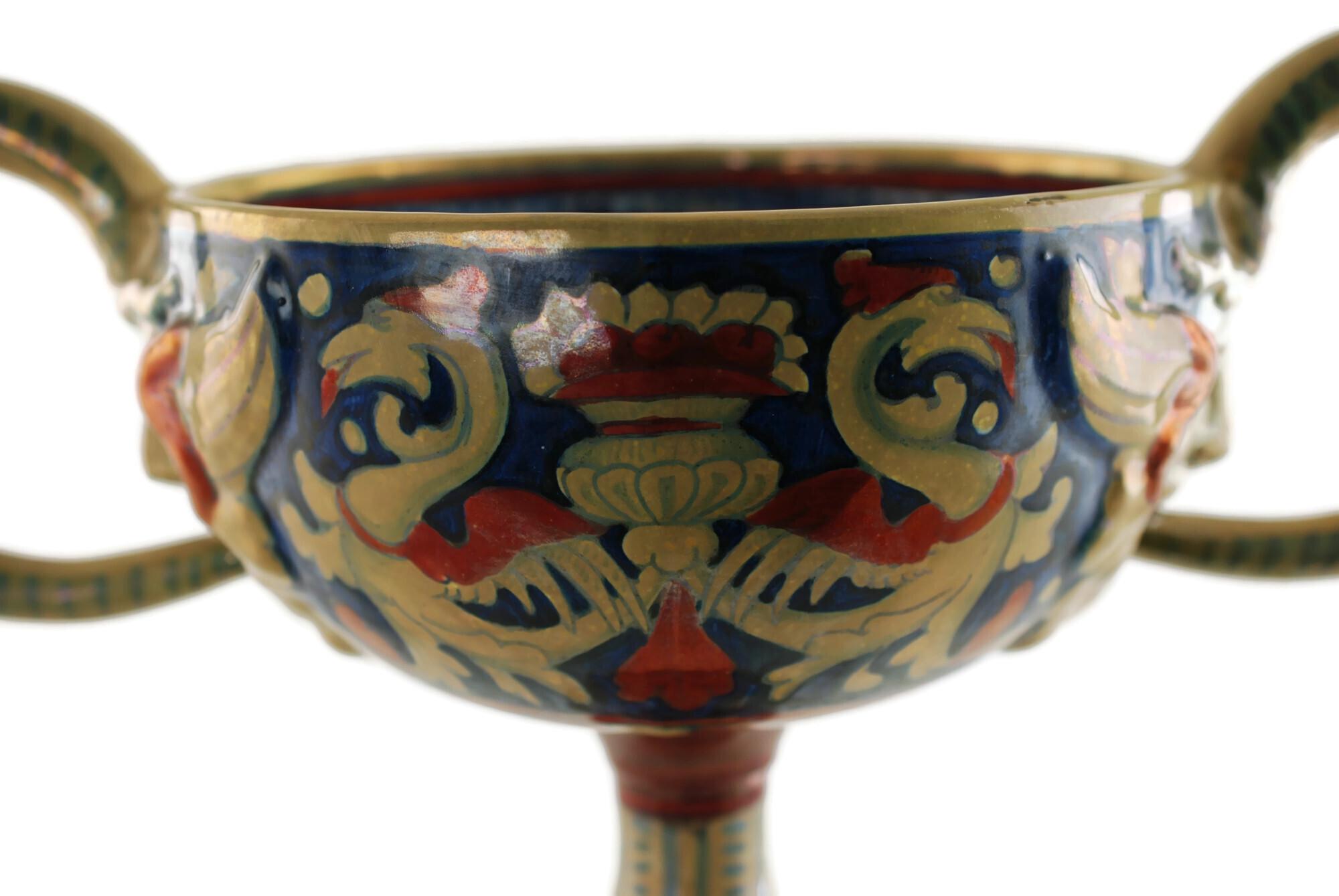 Glazed Rubboli Lustre Majolica Double-Handled Compote with Mask Head Detail For Sale