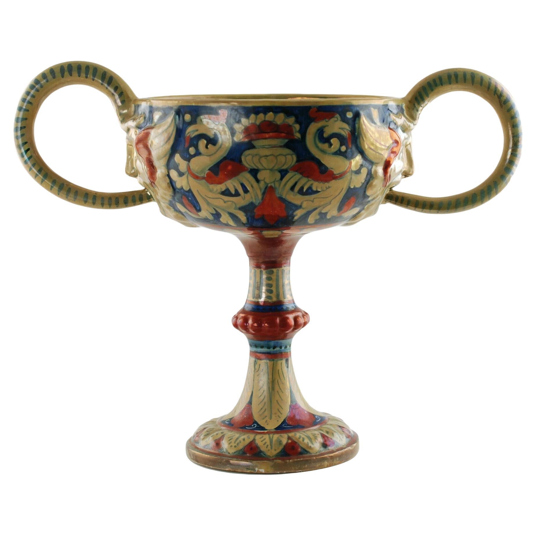 Rubboli Lustre Majolica Double-Handled Compote with Mask Head Detail For Sale