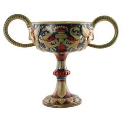 Antique Rubboli Lustre Majolica Double-Handled Compote with Mask Head Detail