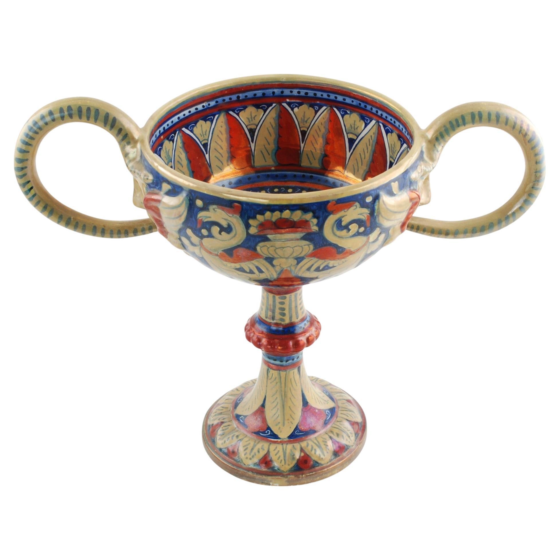 Rubboli Lustre Majolica Double-Handled Compote with Mask Head Detail