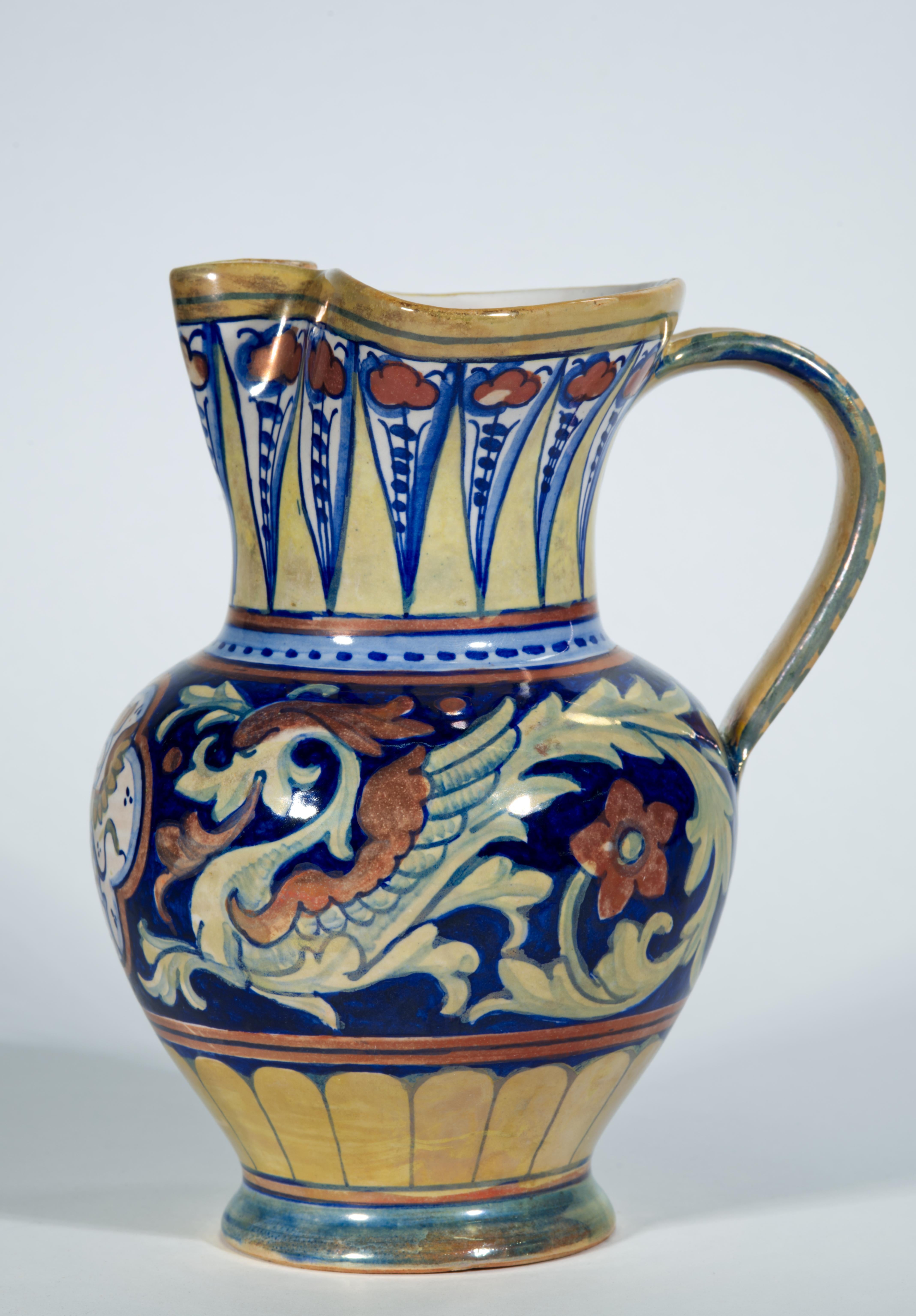 Renaissance Revival Rubboli Lustre Majolica Pitcher Vase Mythical Beasts Decor For Sale