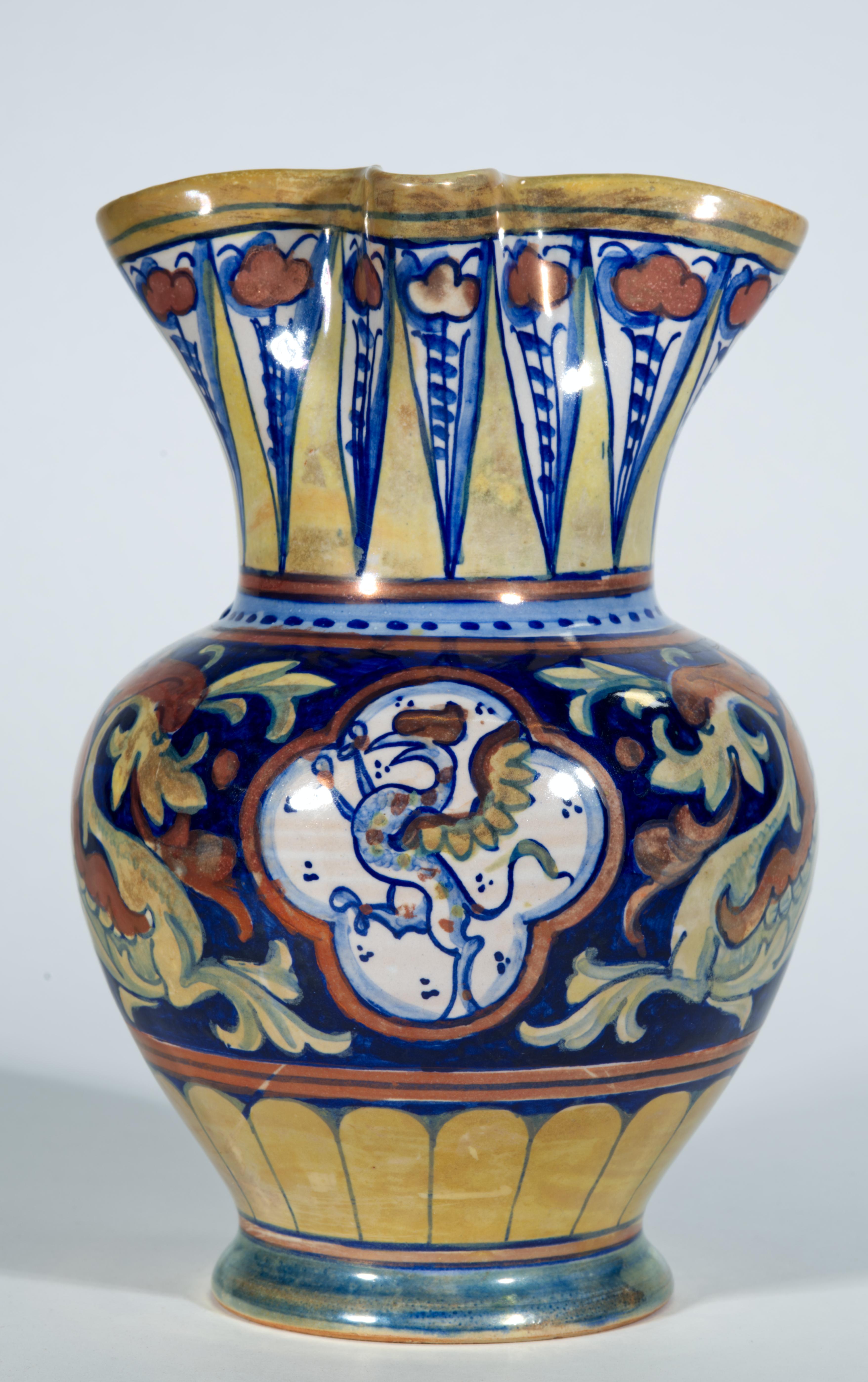 Italian Rubboli Lustre Majolica Pitcher Vase Mythical Beasts Decor For Sale