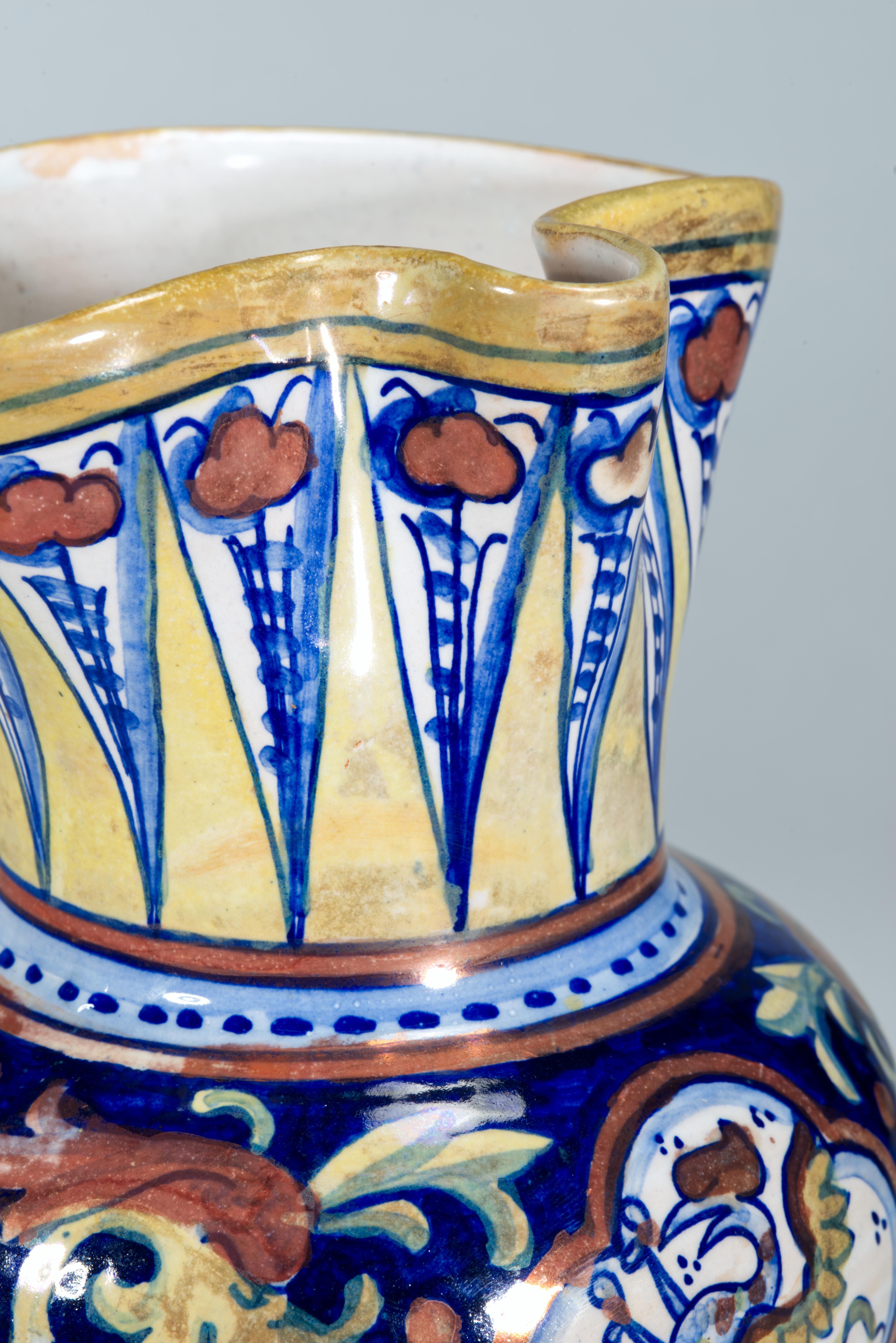 Rubboli Lustre Majolica Pitcher Vase Mythical Beasts Decor In Good Condition For Sale In Clifton Springs, NY